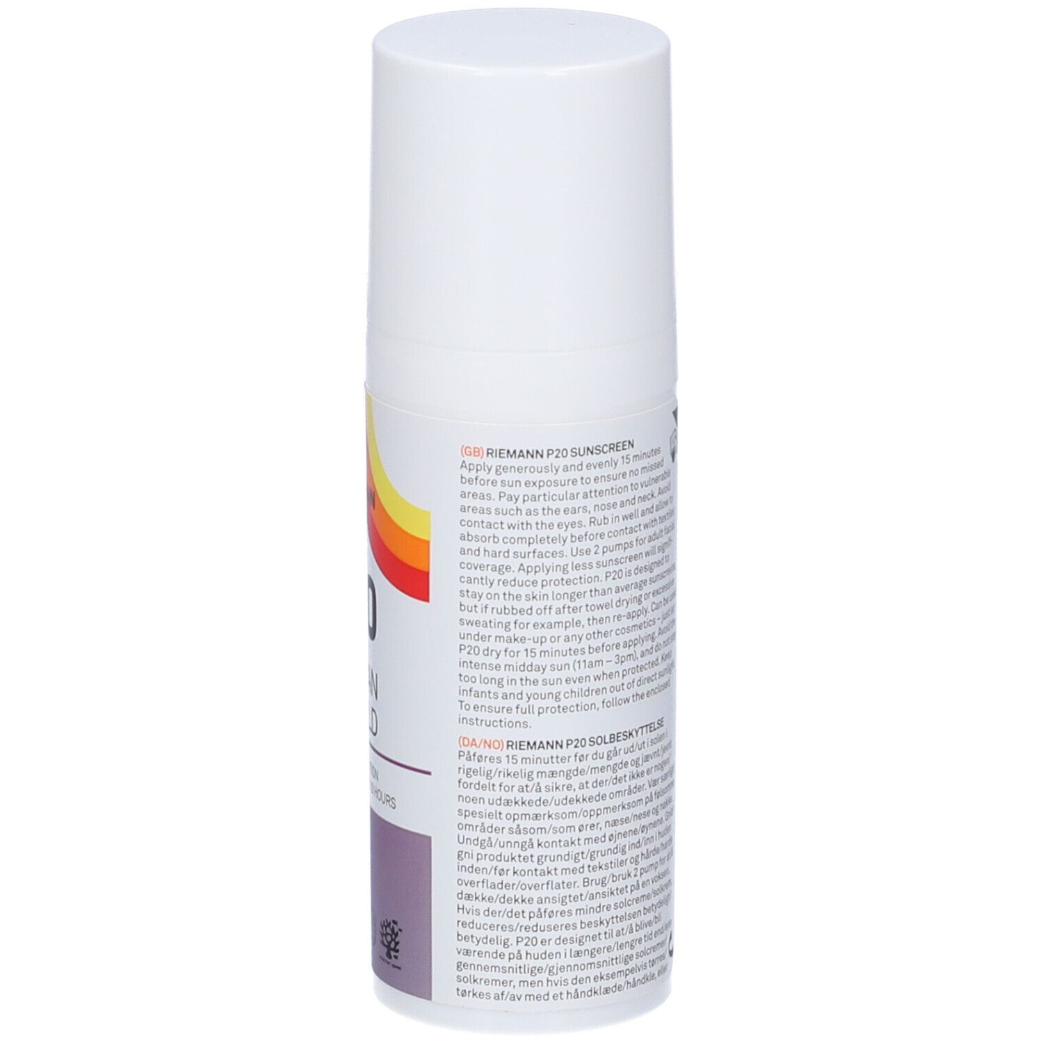 Rückseite der weißen Flasche Riemann P20 SPF50+. Text, Anweisungen, Logos.