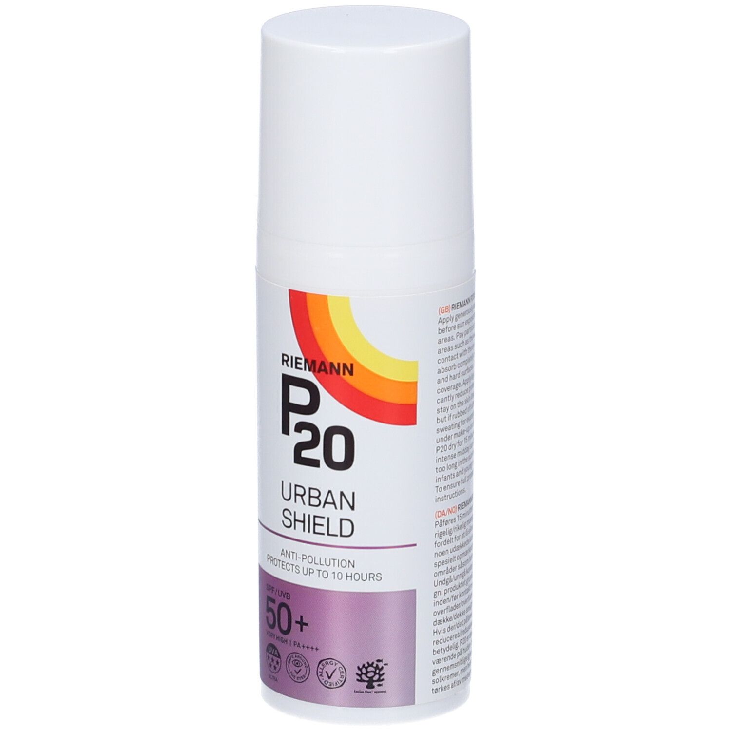 Weiße Flasche Riemann P20 Urban Shield SPF50+. Farbverlauf, Schriftzug, Logos.