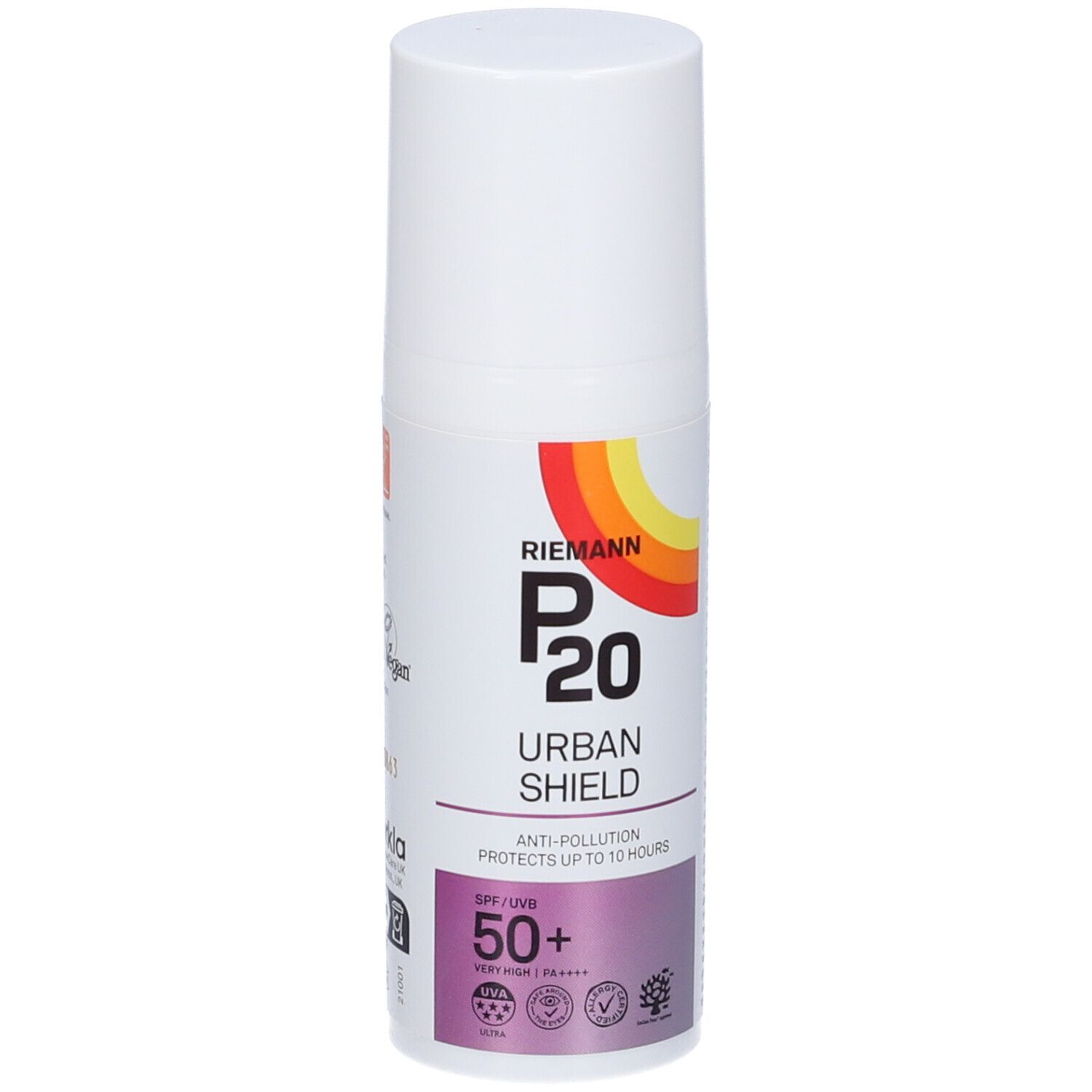 Weiße Flasche Riemann P20 Urban Shield SPF50+. Farbverlauf, Schriftzug, Logos.