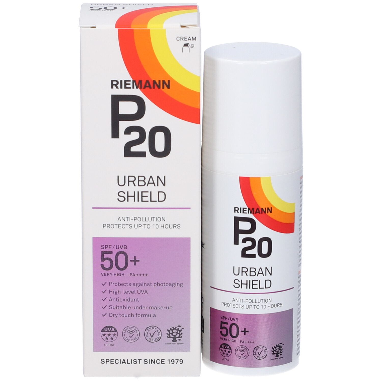 Riemann P20 Urban Shield SPF50+ Flasche und Verpackung. Text, Logos, Design.