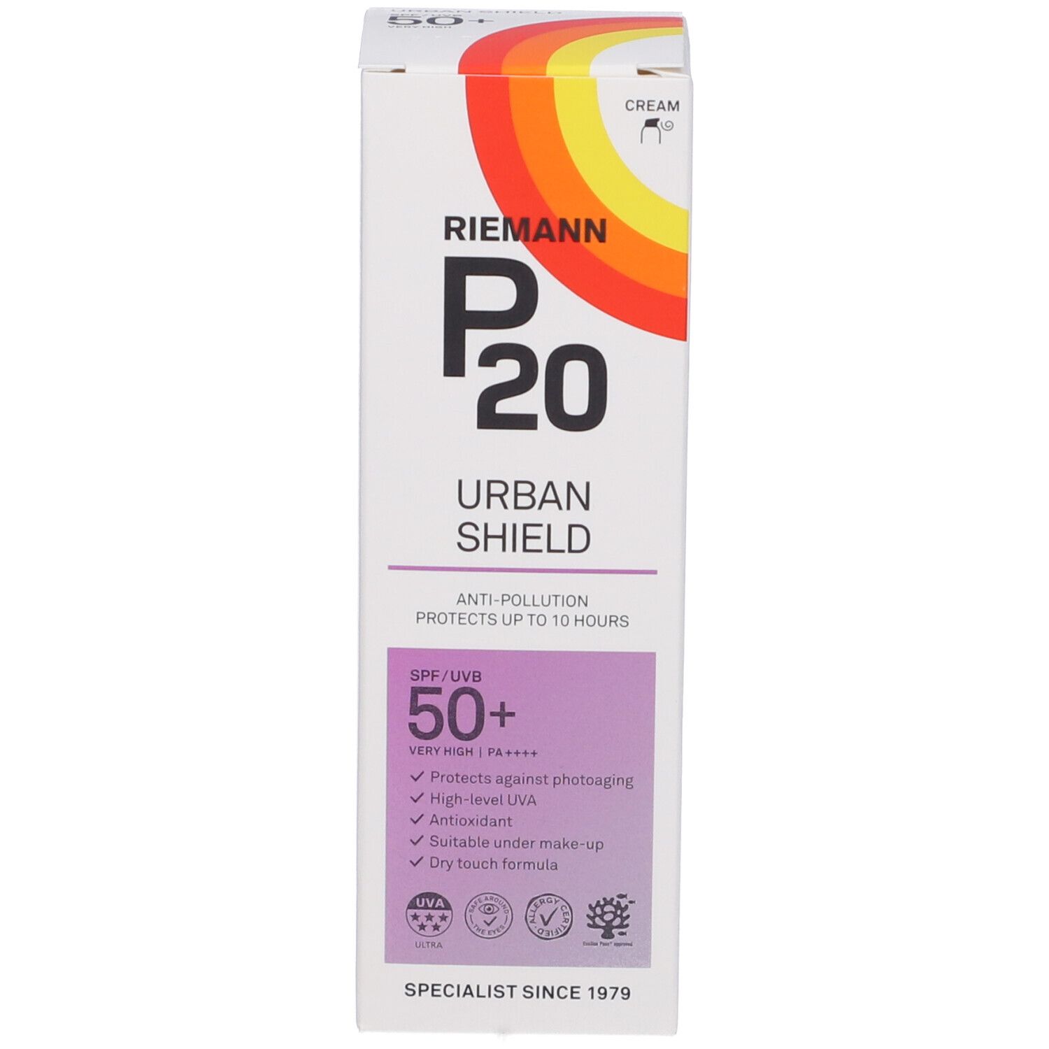 Verpackung Riemann P20 Urban Shield SPF50+. Text, Logos, Design.