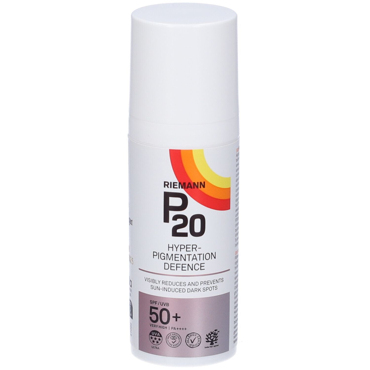 Flacone bianco con tappo bianco. Etichetta con testo e logo: P20, Hyper-Pigmentation Defence, SPF 50+.