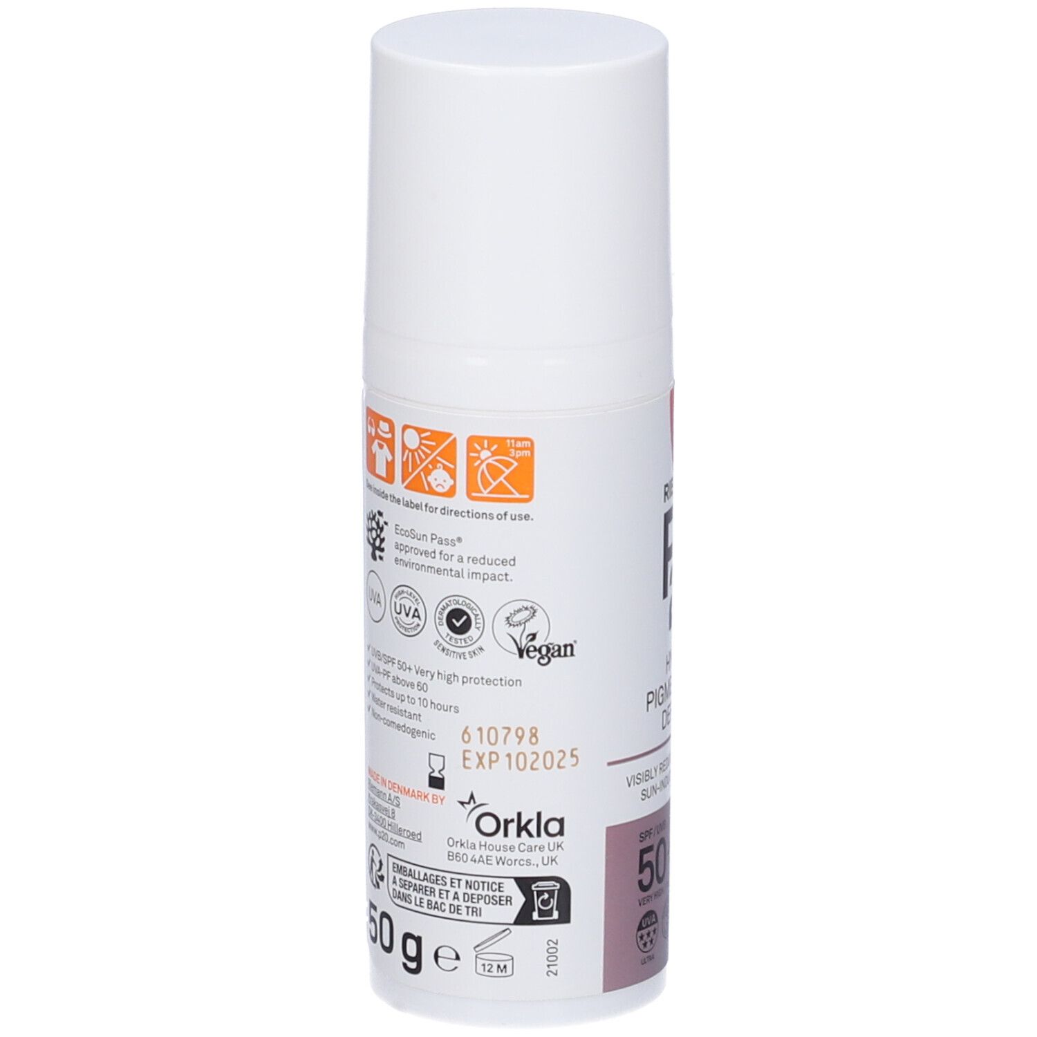 Flacone bianco con tappo bianco. Etichetta con testo e logo. Informazioni su ingredienti e certificazioni.
