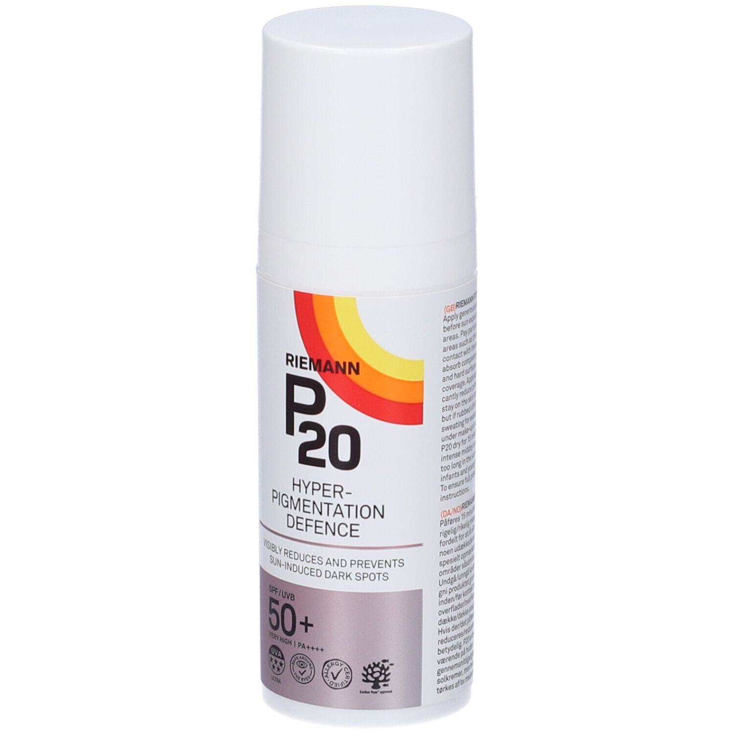 Flacone bianco con tappo bianco. Etichetta con testo e logo: P20, Hyper-Pigmentation Defence, SPF 50+.