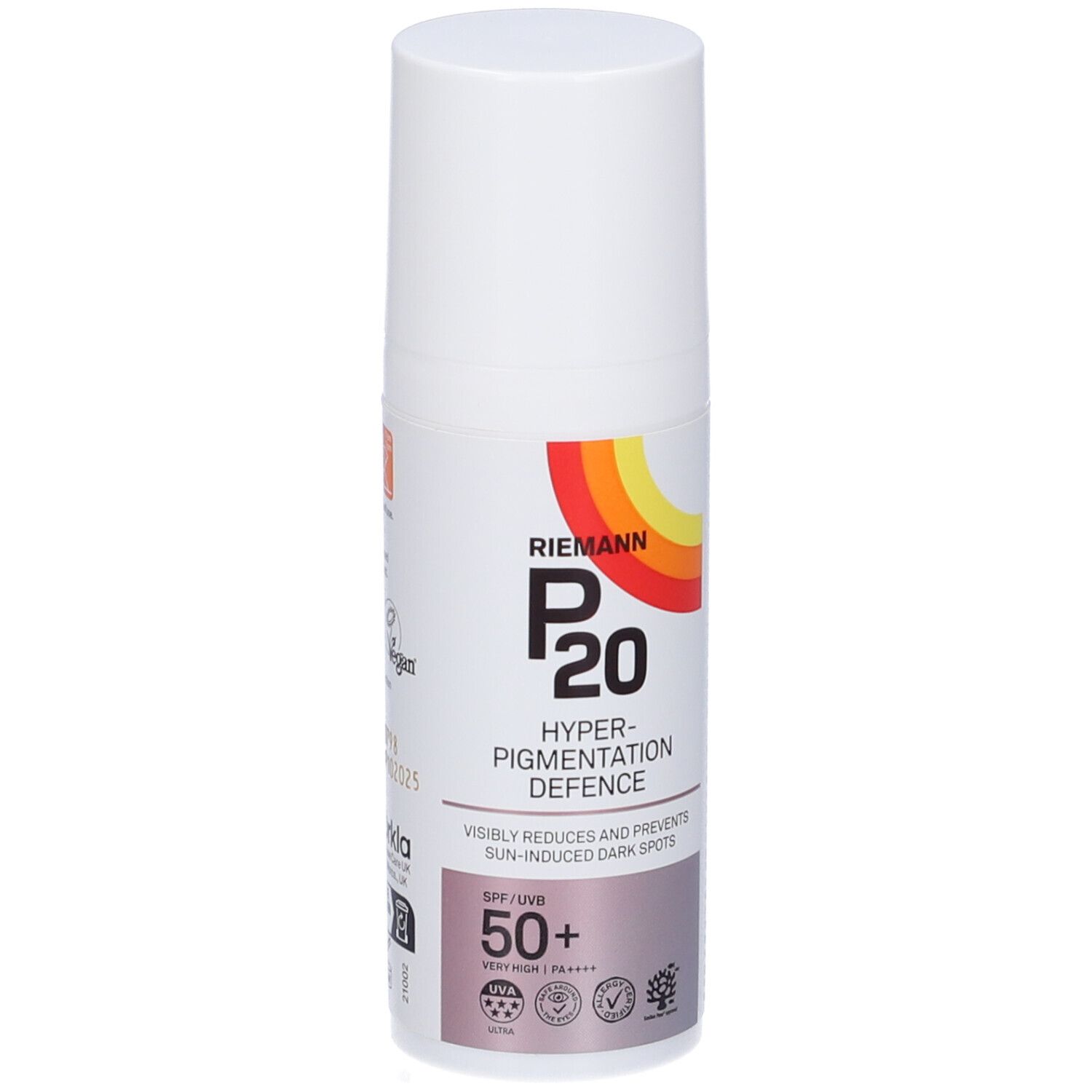 Flacone bianco con tappo bianco. Etichetta con testo e logo: P20, Hyper-Pigmentation Defence, SPF 50+.