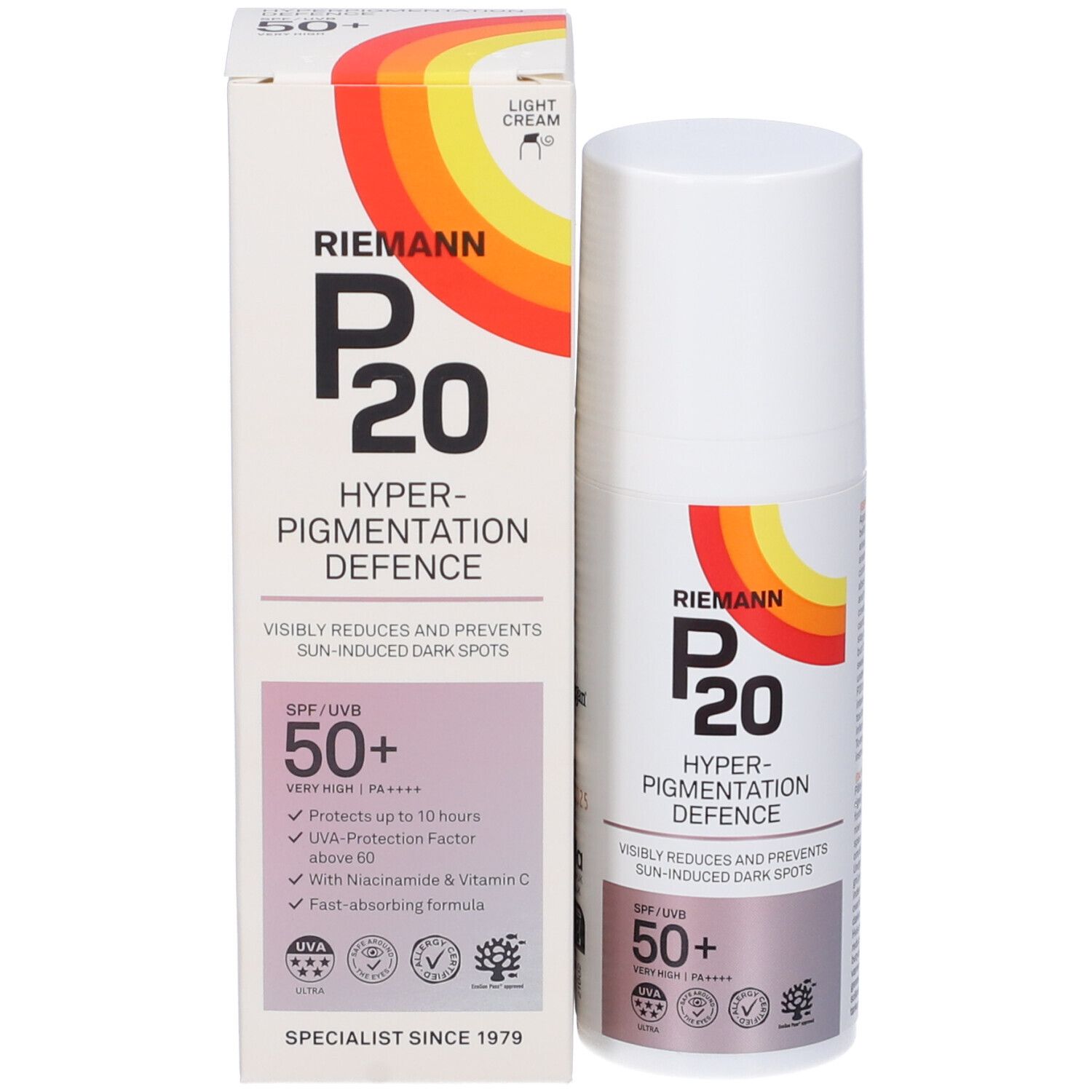 Flacone e confezione del prodotto. Scritta: P20, Hyper-Pigmentation Defence, SPF 50+. Confezione con testo e logo.