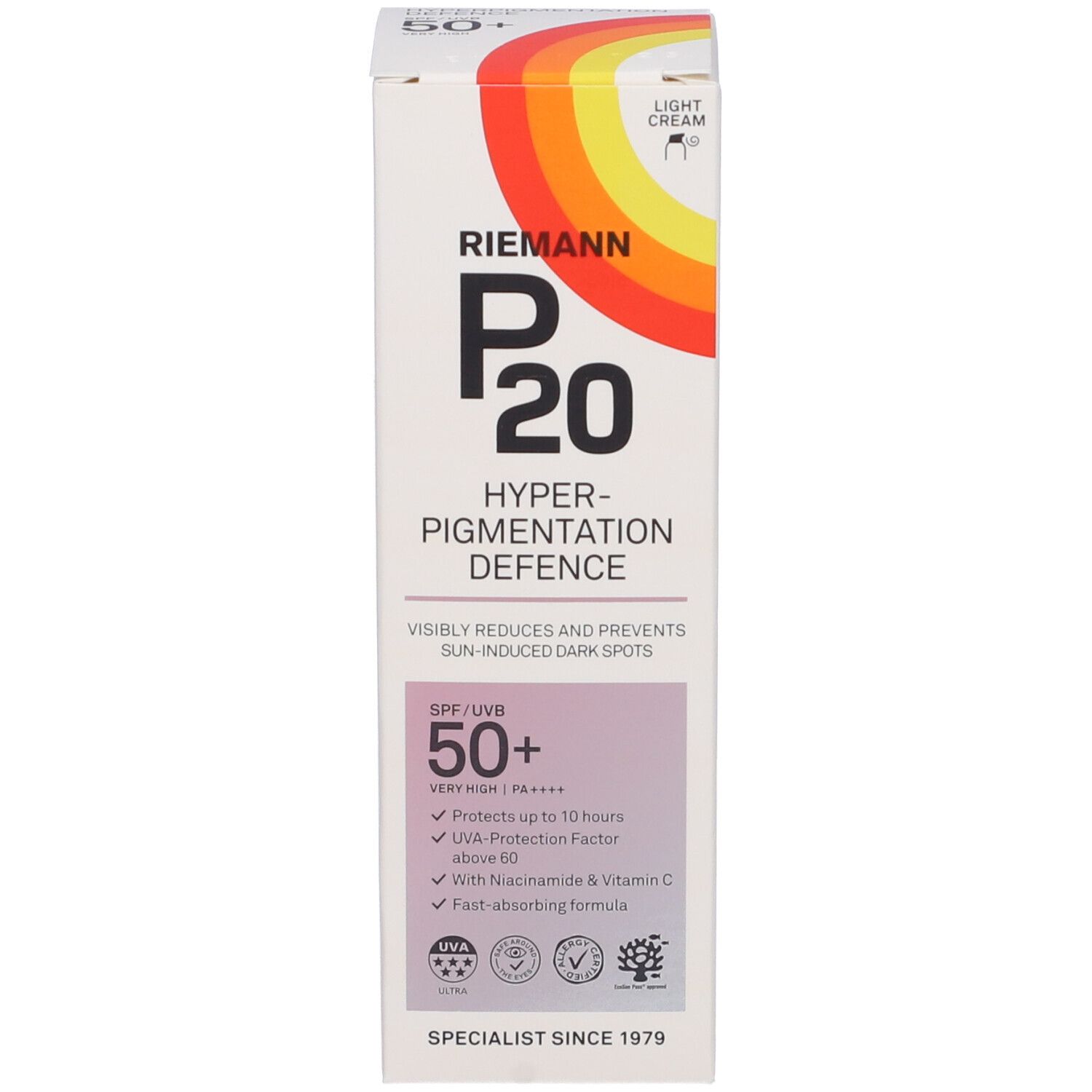 Confezione del prodotto. Scritta: P20, Hyper-Pigmentation Defence, SPF 50+. Testo e logo. Informazioni sugli ingredienti.