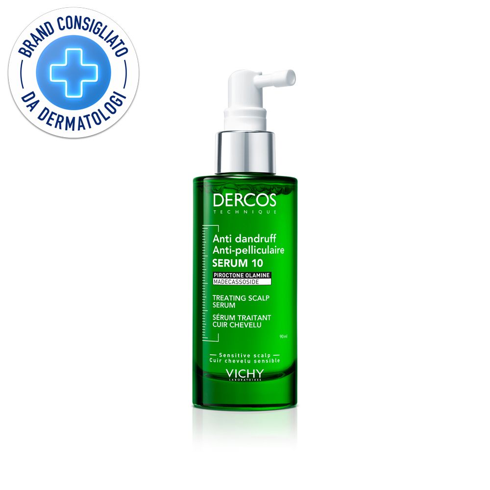 Grüne Flasche mit weißem Sprühkopf. Text: Dercos, Anti-Schuppen Serum 10. Logo: Dermatologen-Empfehlung.