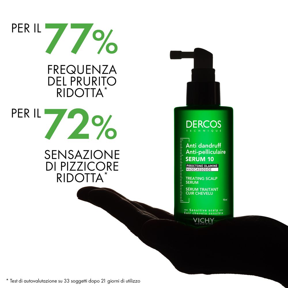 Hand hält Flasche. Text: Reduziert Juckreiz um 77%. Reduziert Kribbeln um 72%.
