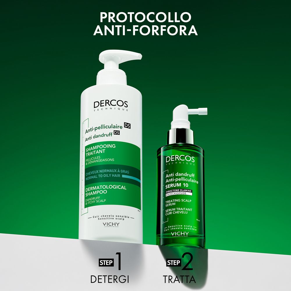 Produkt-Duo: Shampoo und Serum. Text: Reinigen, Behandeln. Dercos Anti-Schuppen.