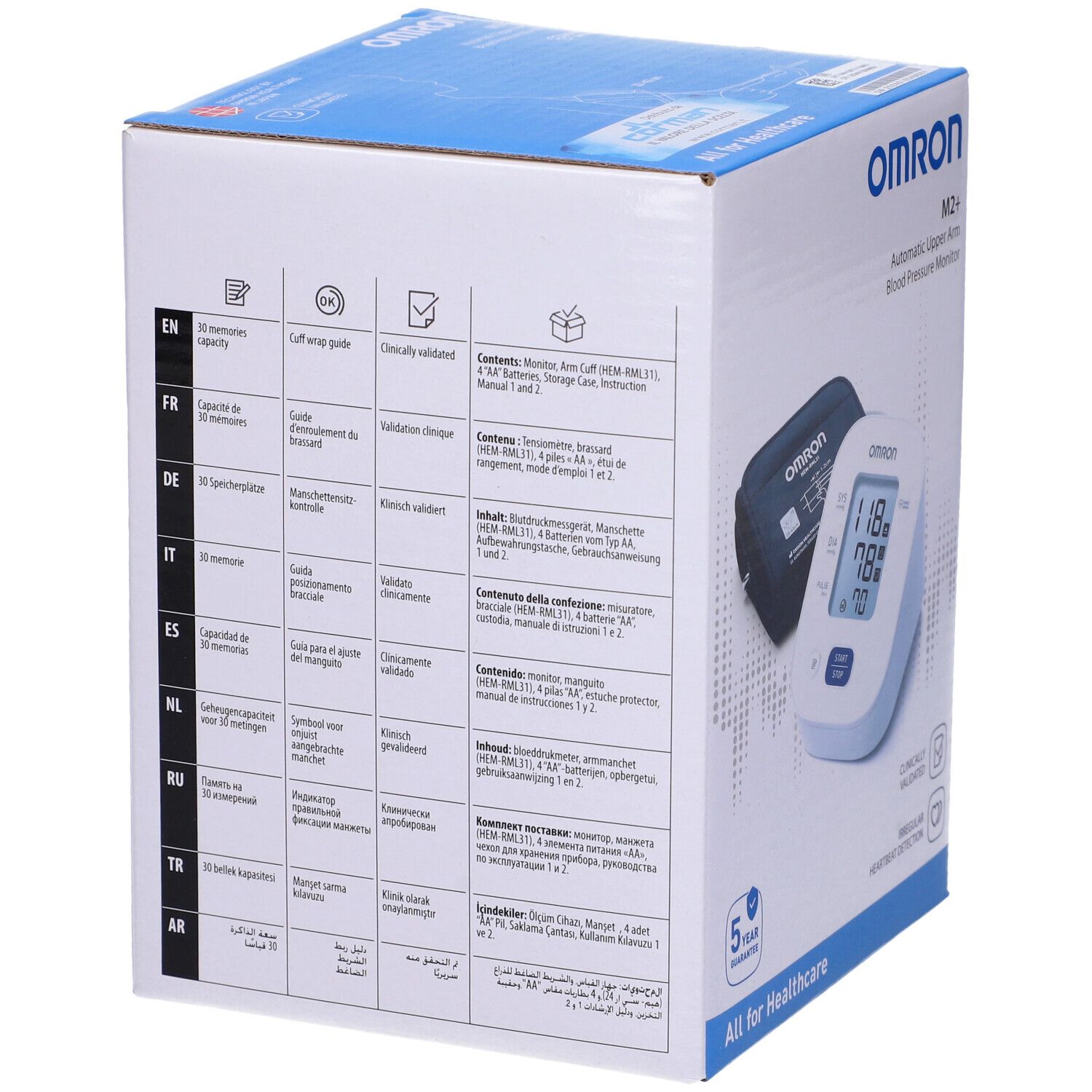 Rückseite der Omron M2+ Verpackung mit mehrsprachigen Inhaltsangaben und Produktmerkmalen.