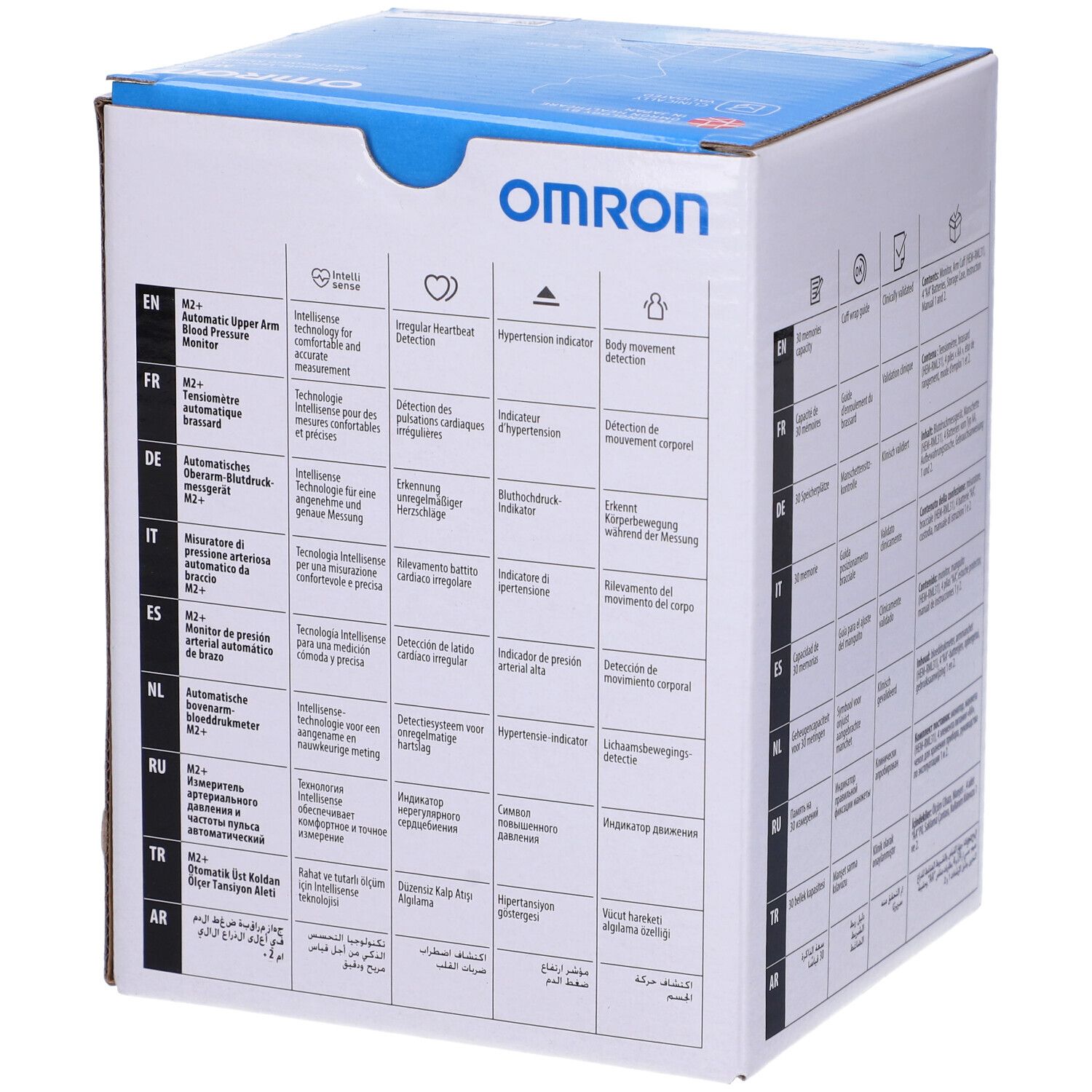 Seite der Omron M2+ Verpackung mit Produktmerkmalen in mehreren Sprachen.