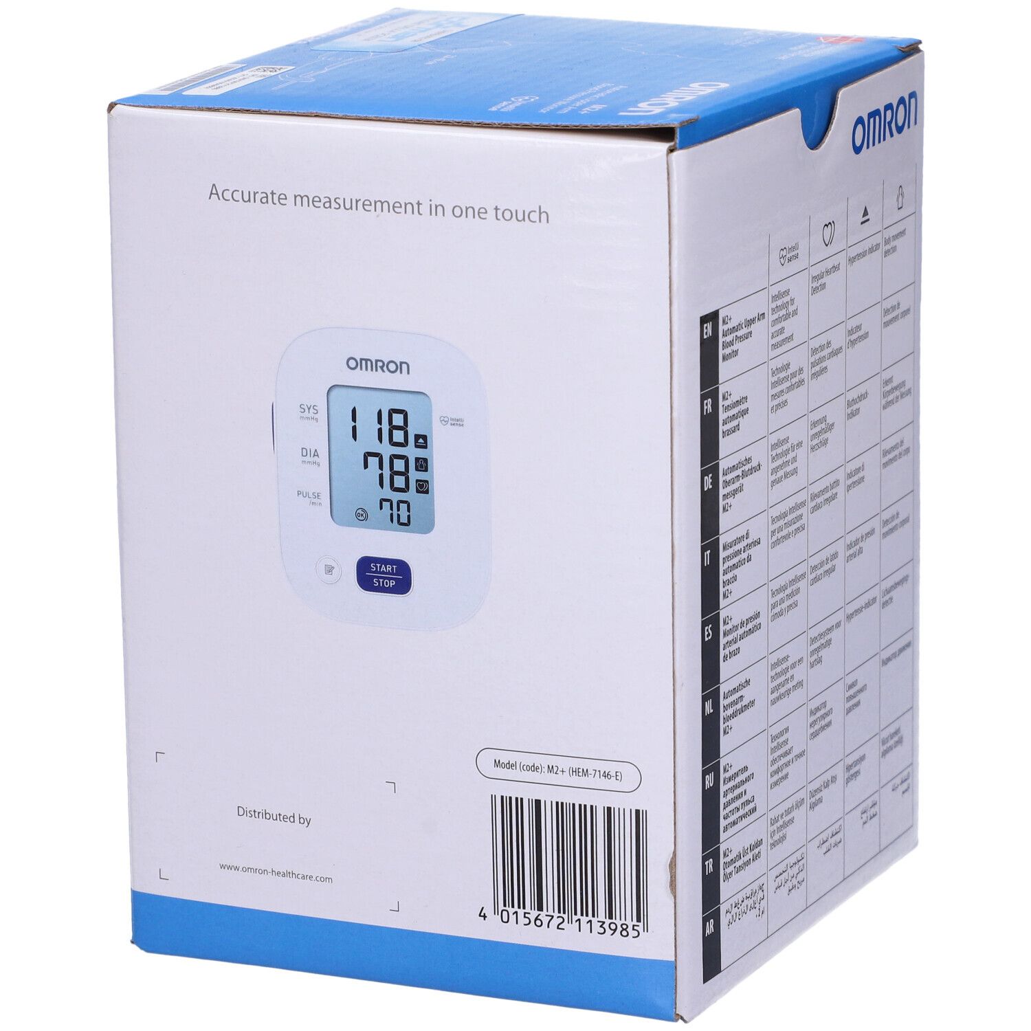 Vorderseite der Omron M2+ Verpackung mit Monitoranzeige und Barcode.