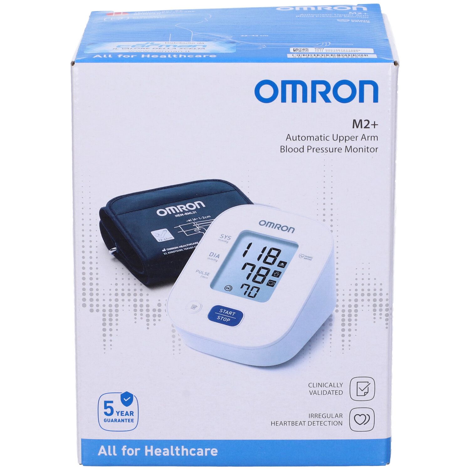 Omron M2+ Oberarm-Blutdruckmessgerät auf Verpackung. Zeigt Manschette und Monitor.