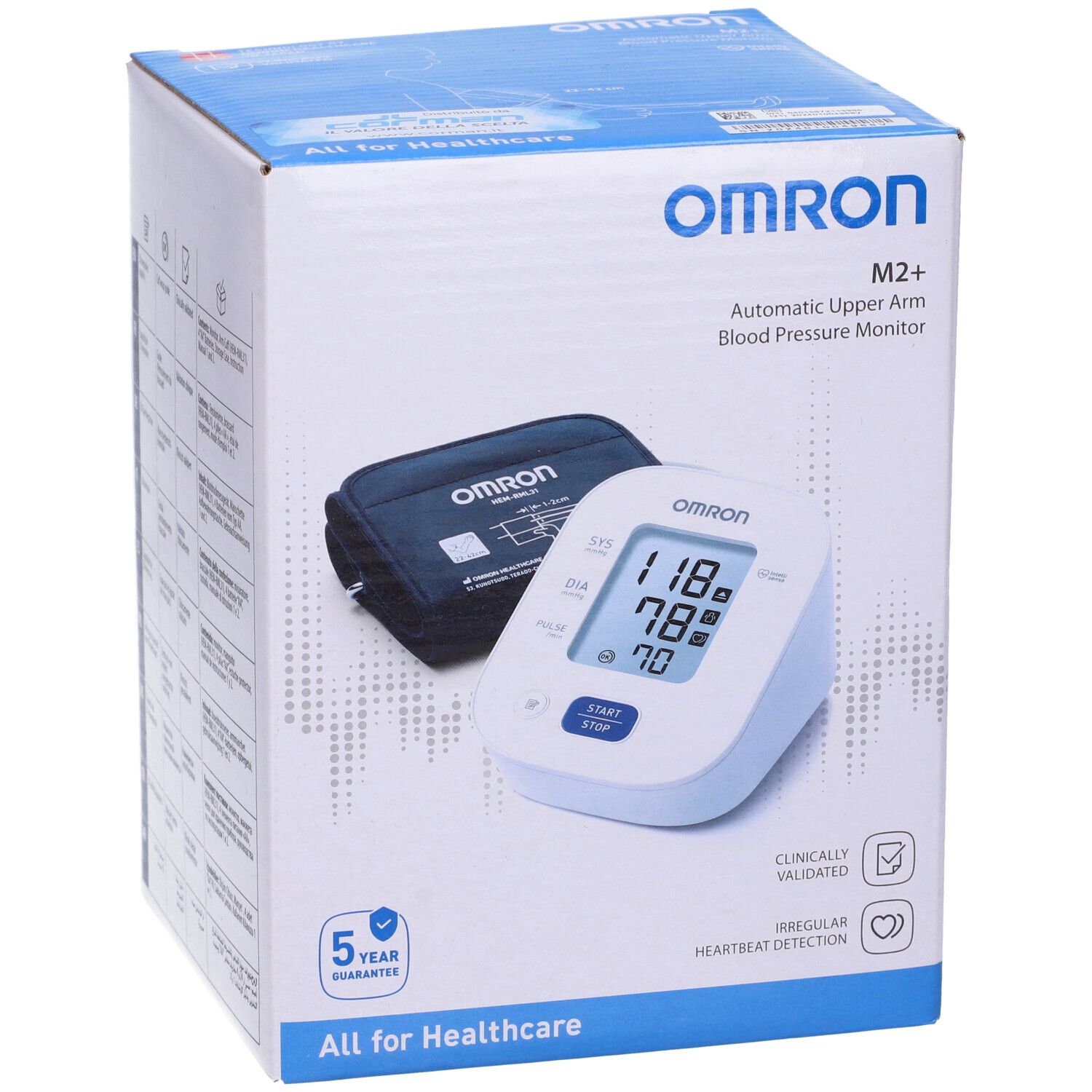 Omron M2+ Oberarm-Blutdruckmessgerät auf Verpackung. Zeigt Manschette und Monitor.