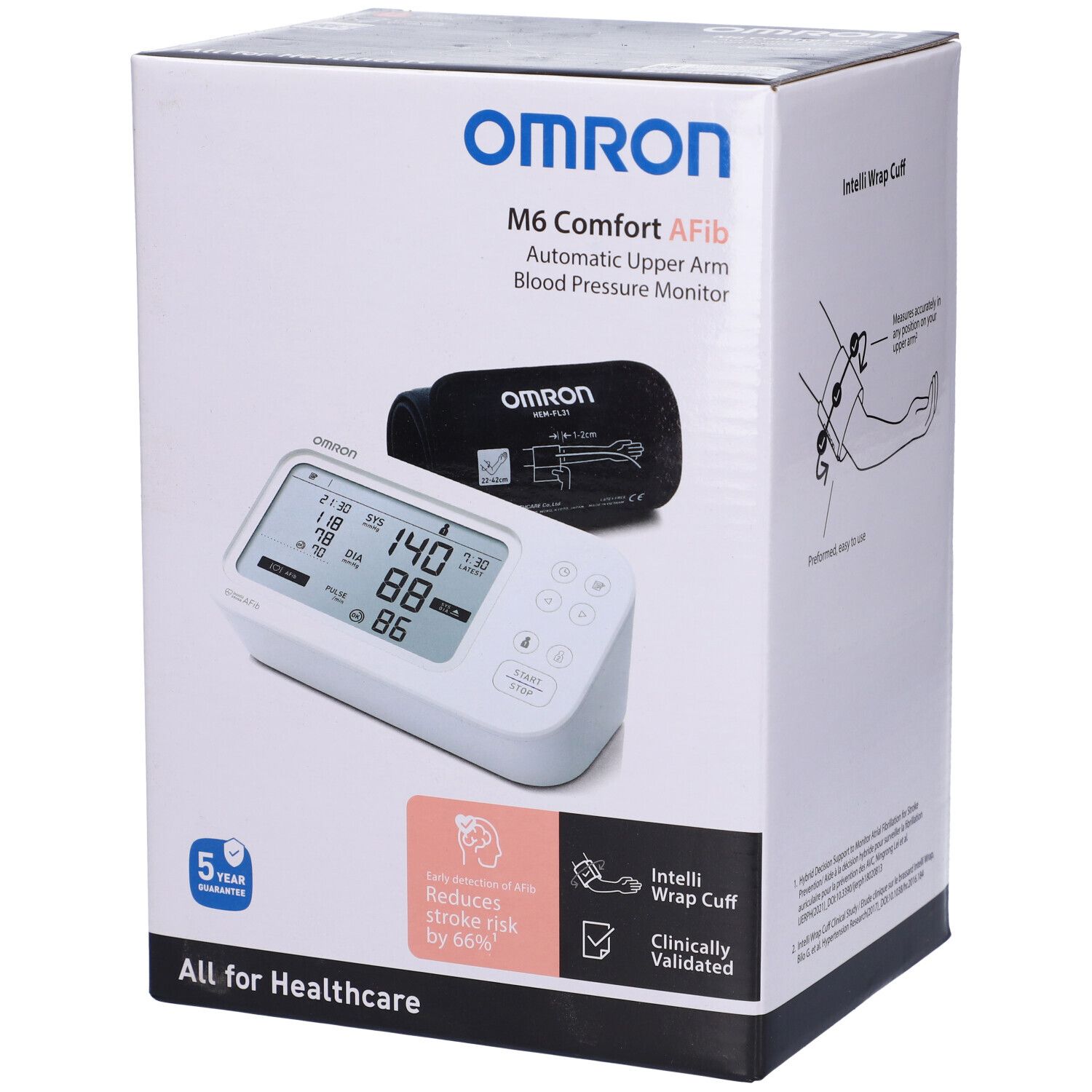 Verpackung eines Omron M6 Comfort Afib Blutdruckmessgeräts. Enthält Gerät, Manschette und Display. Klinisch validiert.