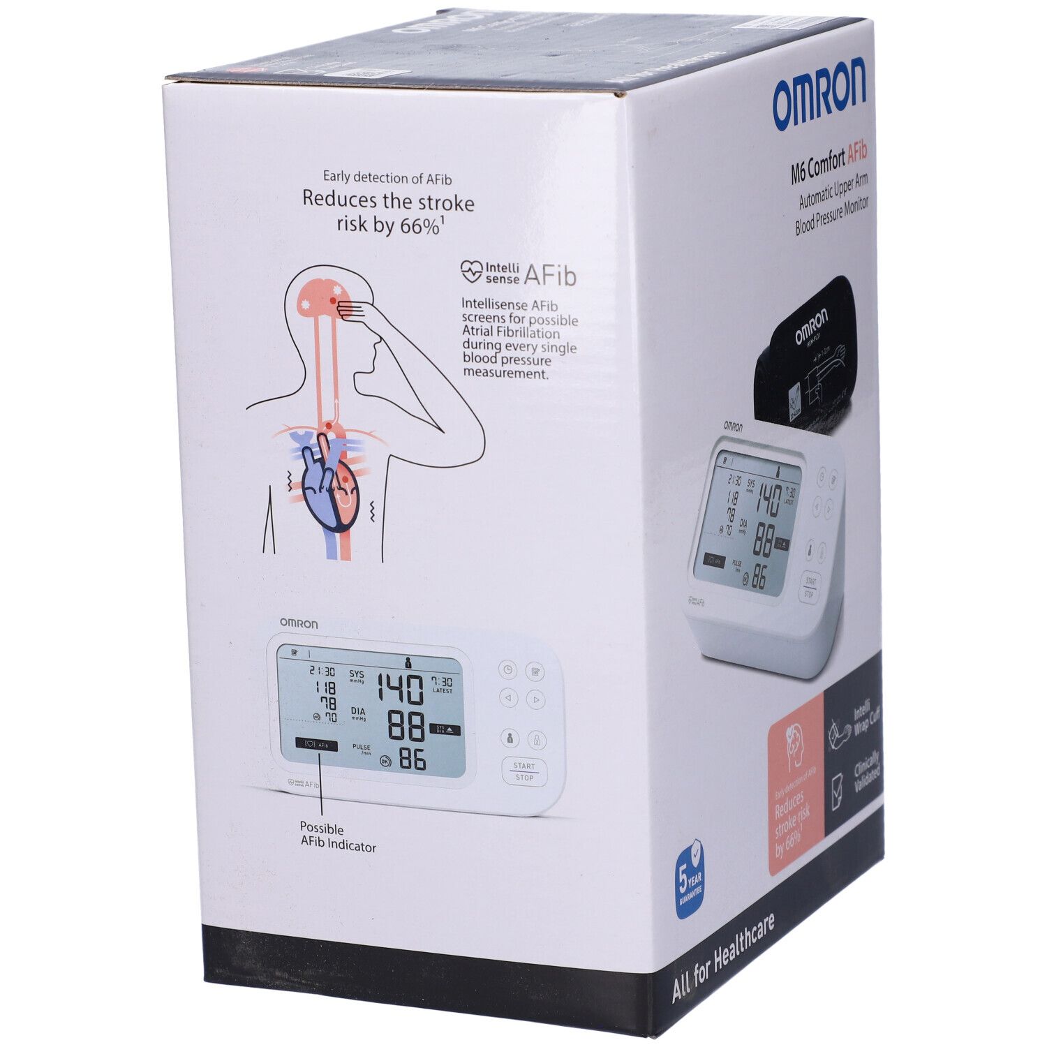 Verpackung des Omron M6 Comfort Afib. Zeigt Gerät und Manschette. Reduziert Schlaganfallrisiko um 66%. Klinisch validiert.