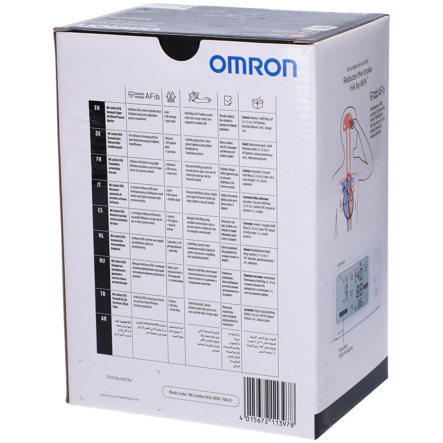 Rückseite der Omron M6 Comfort Afib Verpackung. Mehrsprachige Informationen. Enthält Modellnummer und Barcode.