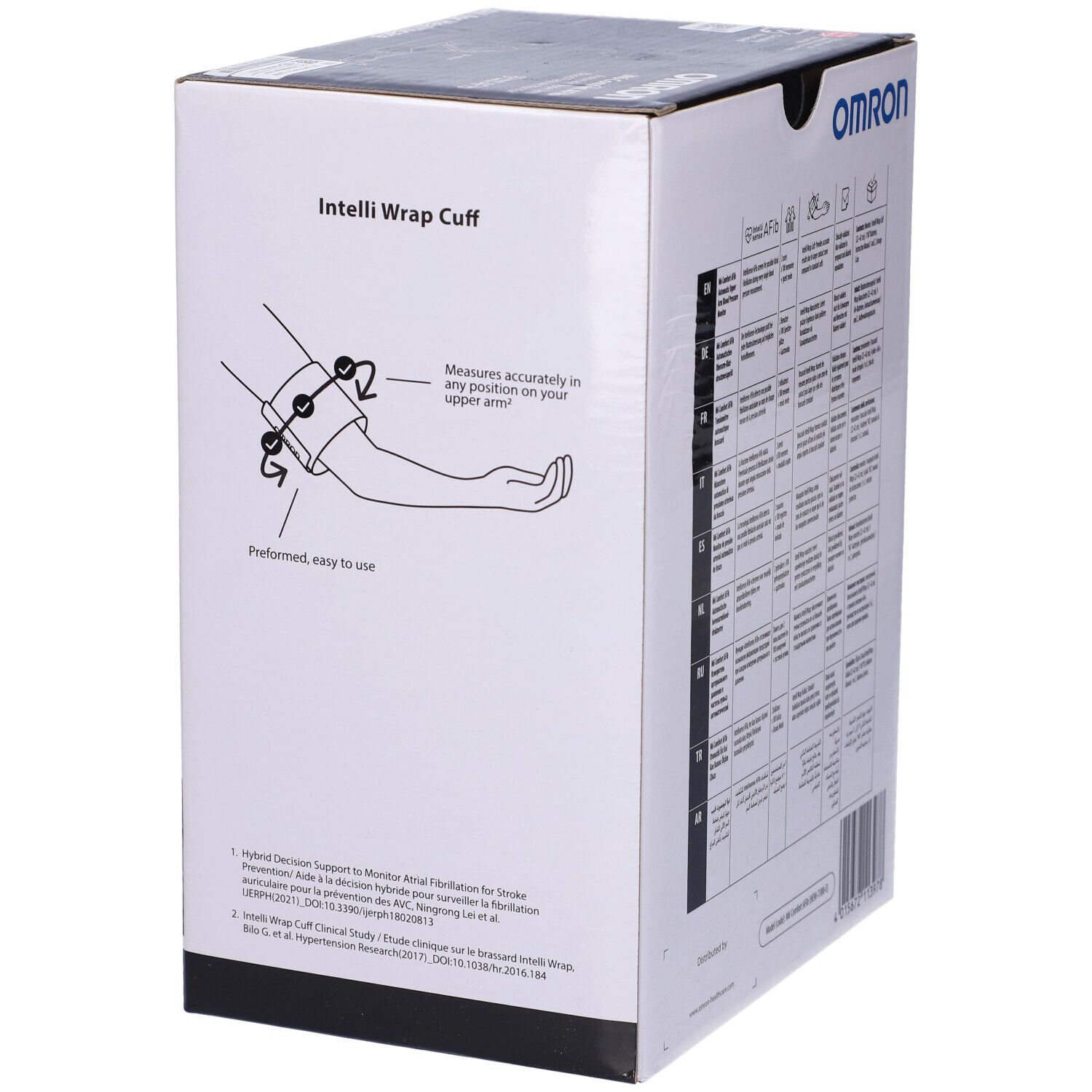Seite der Omron M6 Comfort Afib Verpackung. Illustration der Manschettenanwendung. Text: Intelli Wrap Cuff.