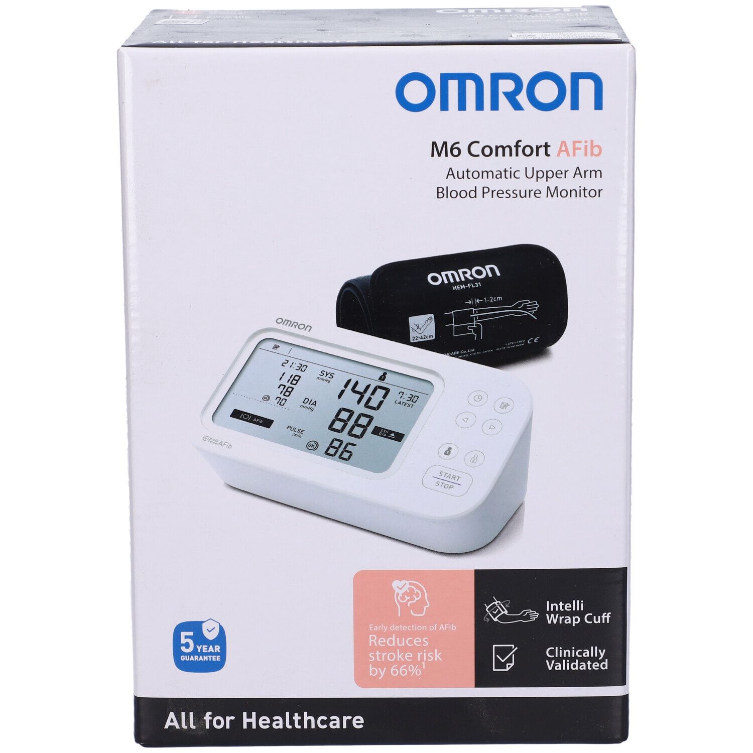 Omron M6 Comfort Afib Blutdruckmessgerät in Verpackung. Gerät, Manschette und Display sichtbar. Klinisch validiert.