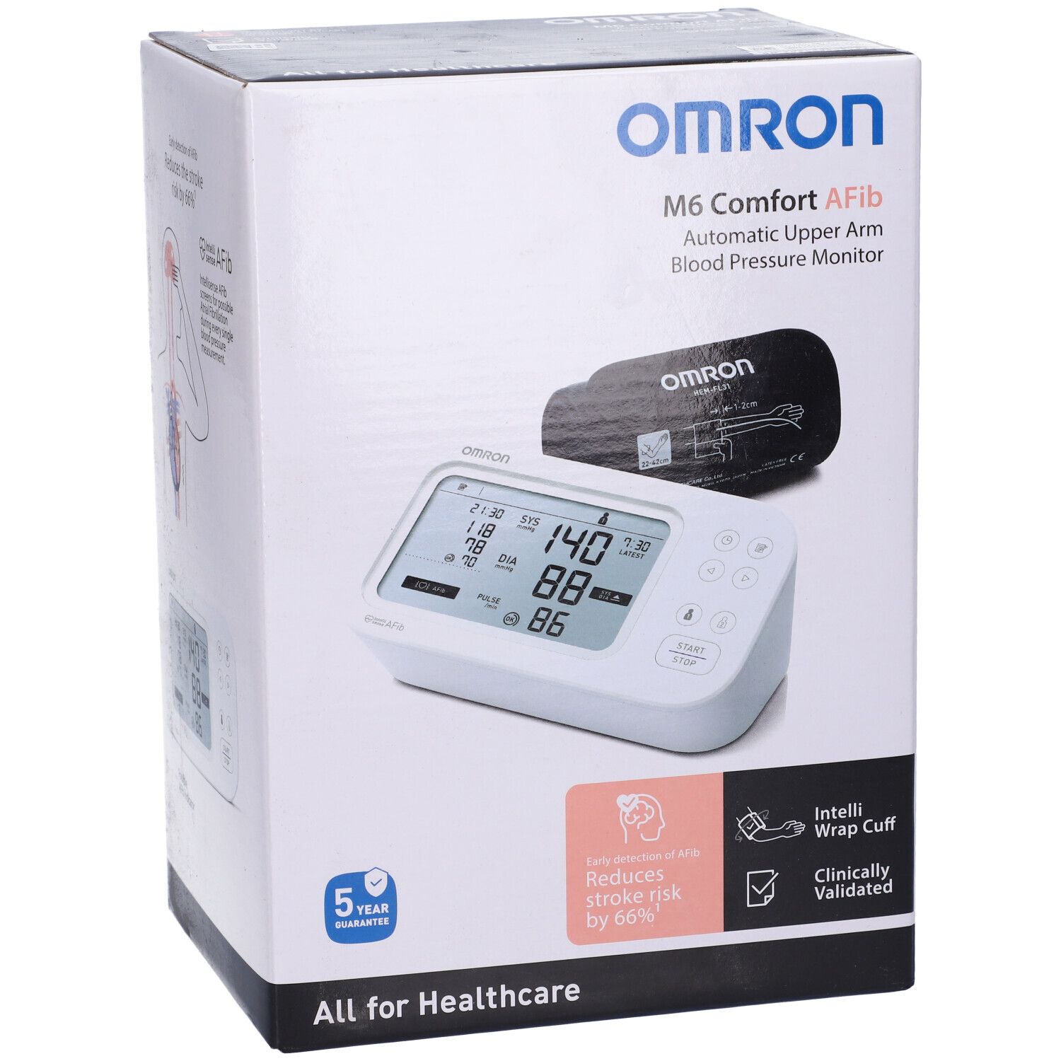 Omron M6 Comfort Afib Blutdruckmessgerät in Verpackung. Gerät, Manschette und Display sichtbar. Klinisch validiert.