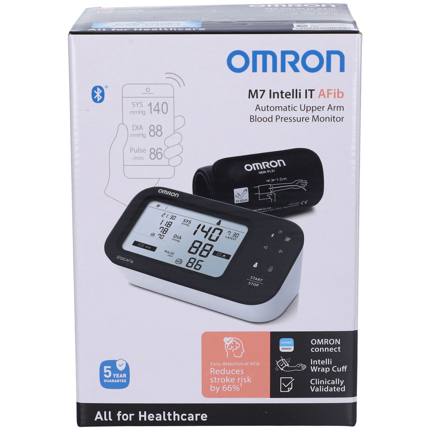 Omron M7 Intelli IT AFib Oberarm-Blutdruckmessgerät mit Manschette.