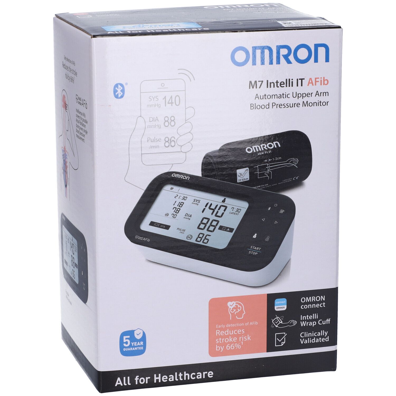 Omron M7 Intelli IT AFib Oberarm-Blutdruckmessgerät mit Manschette.