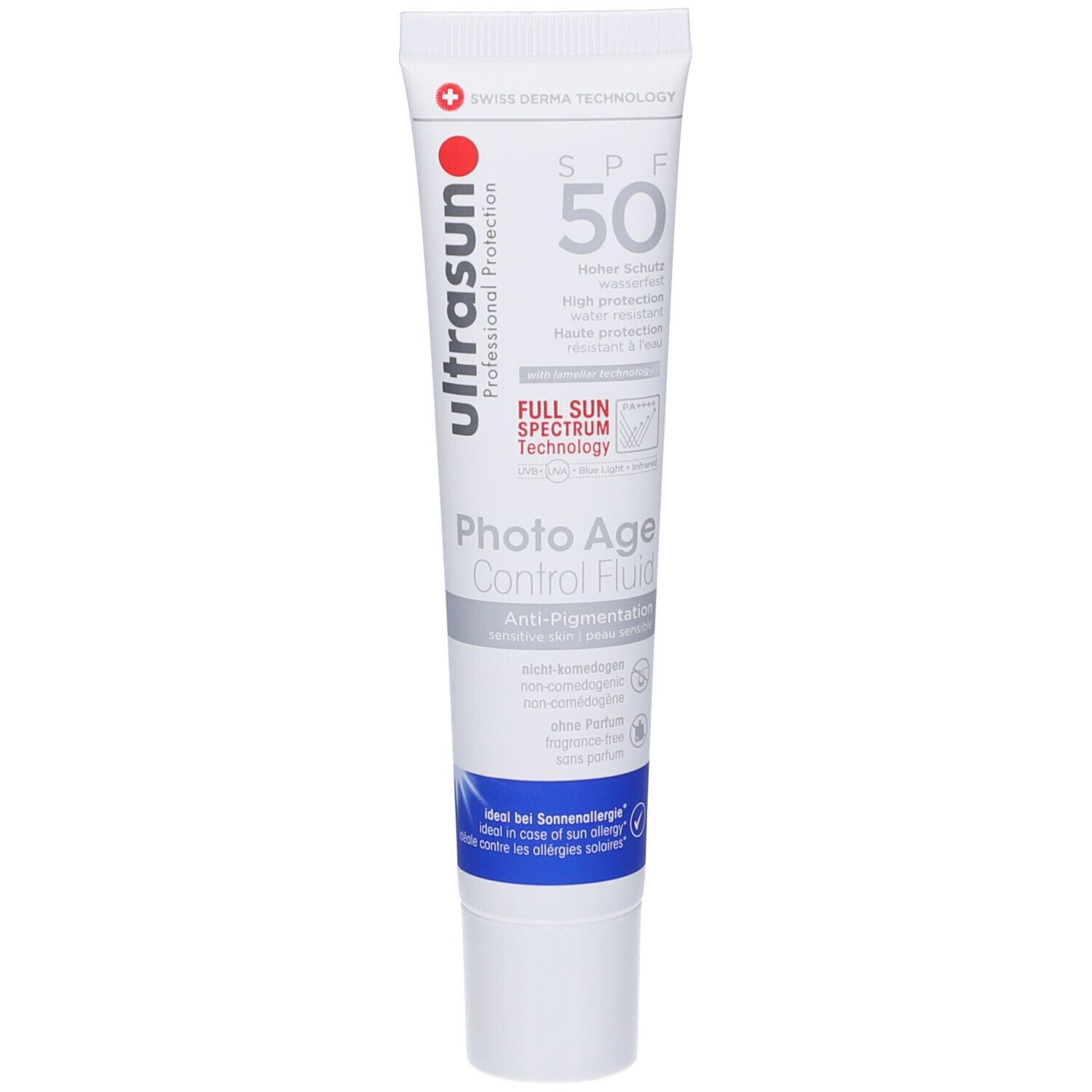 Tubo bianco-blu con informazioni sul prodotto. Contiene SPF 50. Marca: Ultrasun. Testo: Photo Age Control Fluid.