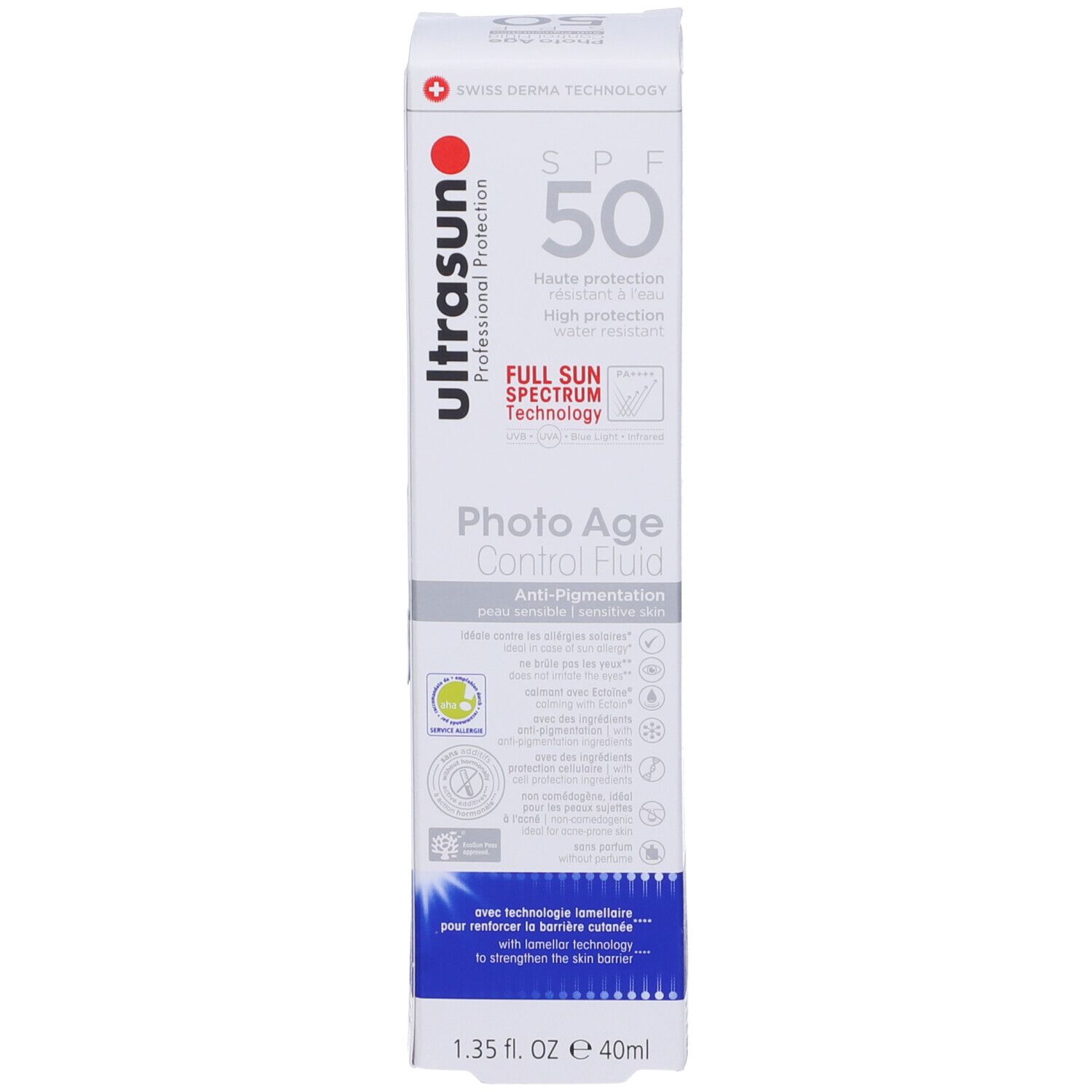 Confezione bianca. Contiene informazioni sul prodotto. Marca: Ultrasun. Testo: Photo Age Control Fluid, SPF 50.