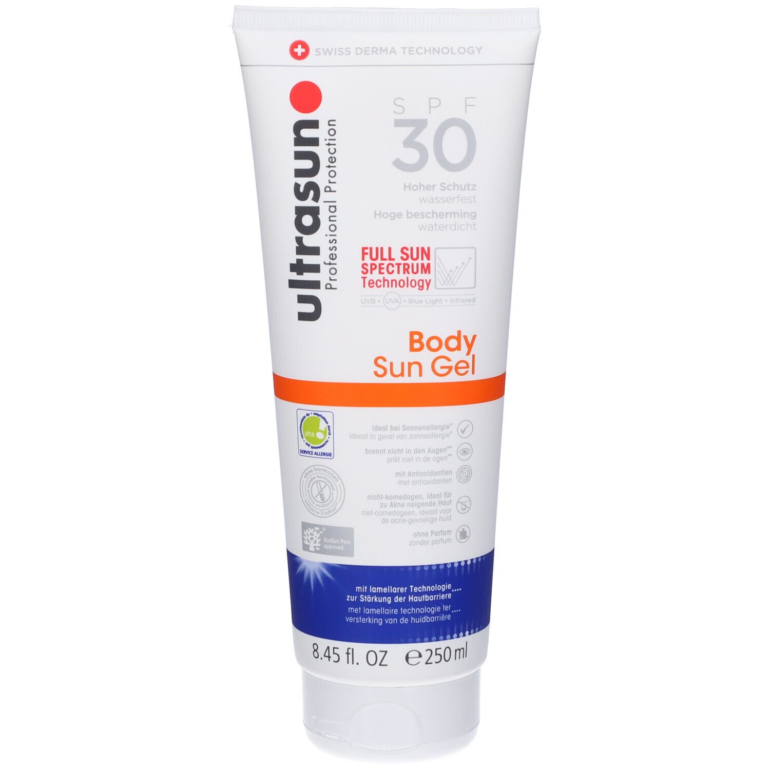 Tubo bianco con testo rosso e nero. Visibili "Ultrasun Professional Protection" e "SPF 30". 250ml.