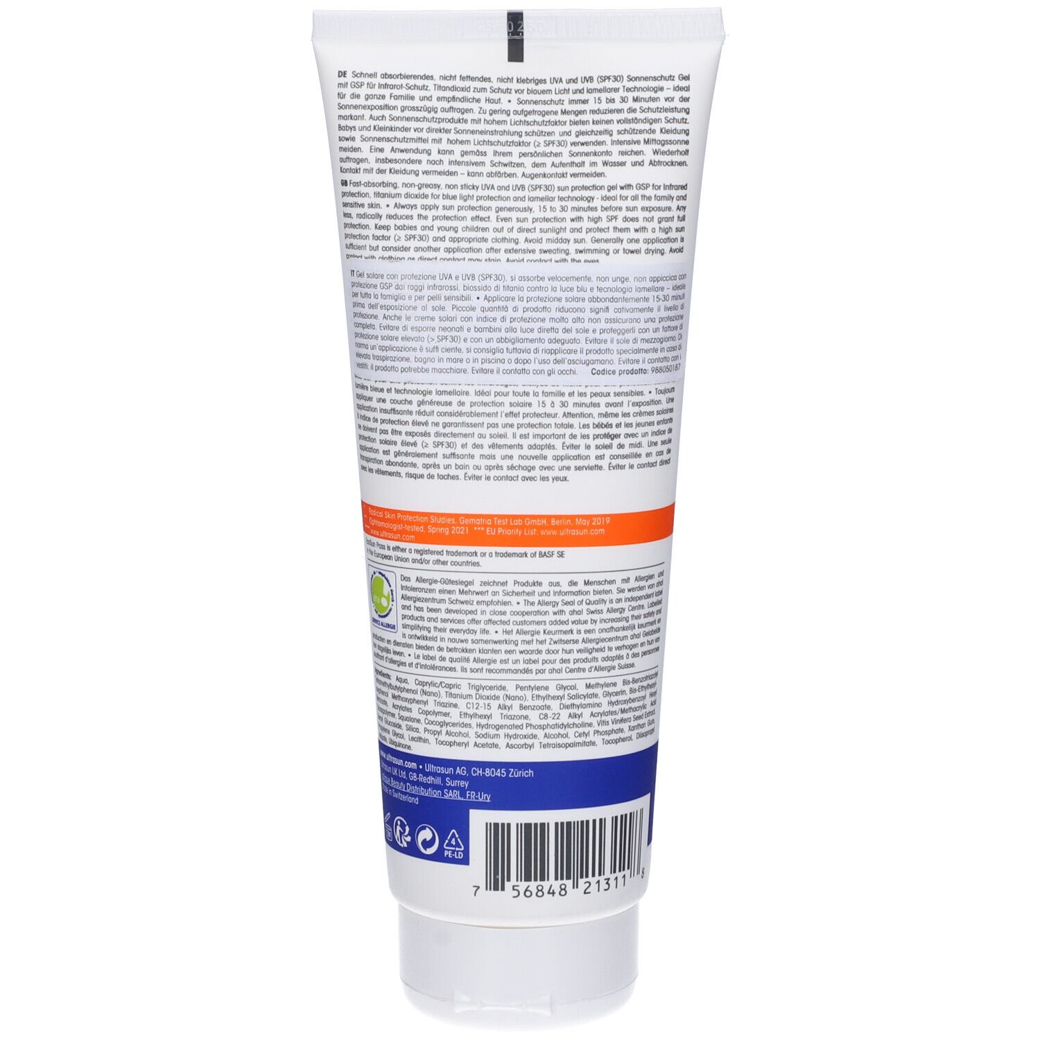 Retro del tubo bianco. Testo multilingue. Striscia arancione. Codice a barre in basso.