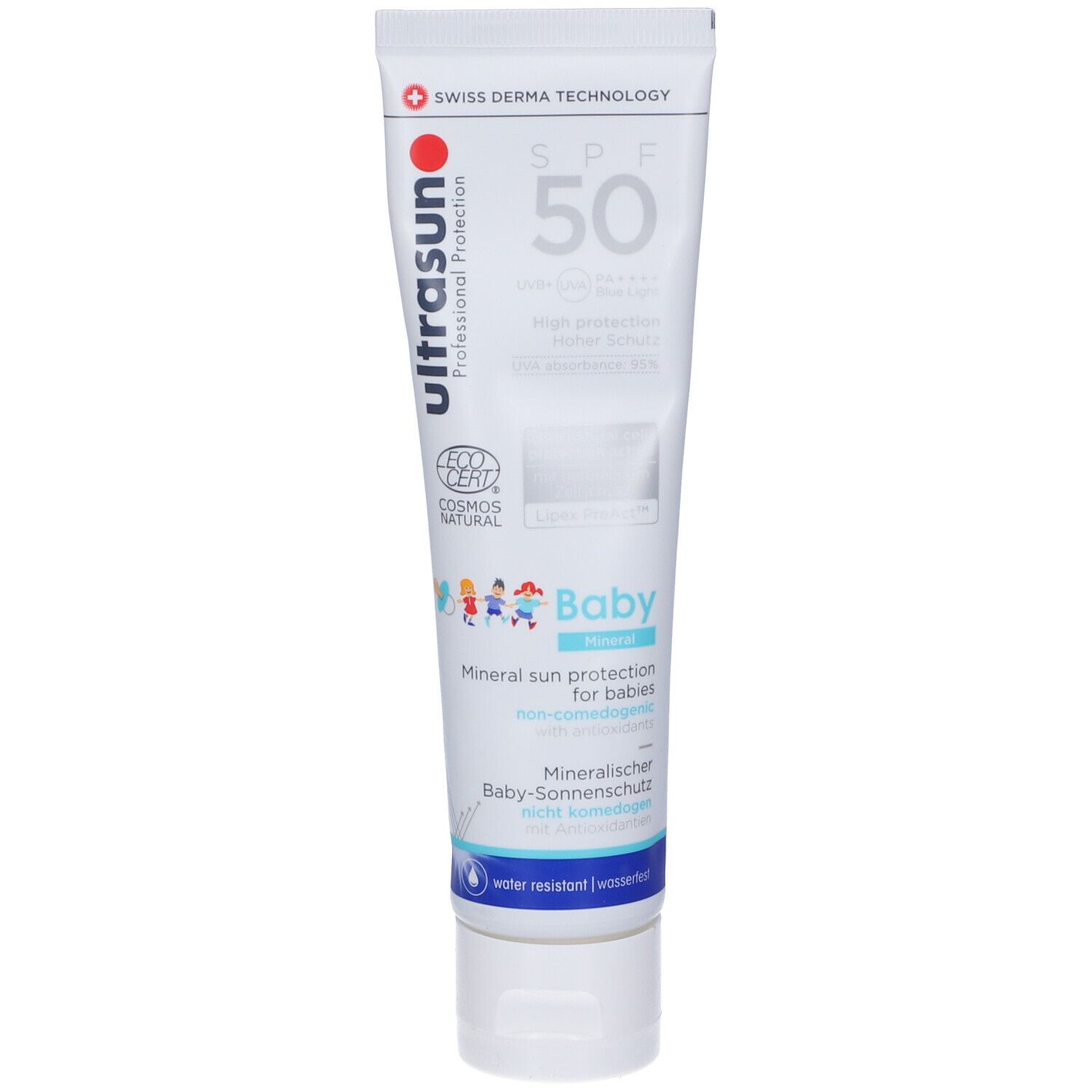 Tubo bianco di crema solare. Scritte: Ultrasun, Baby, SPF 50. Certificazione COSMOS NATURAL.