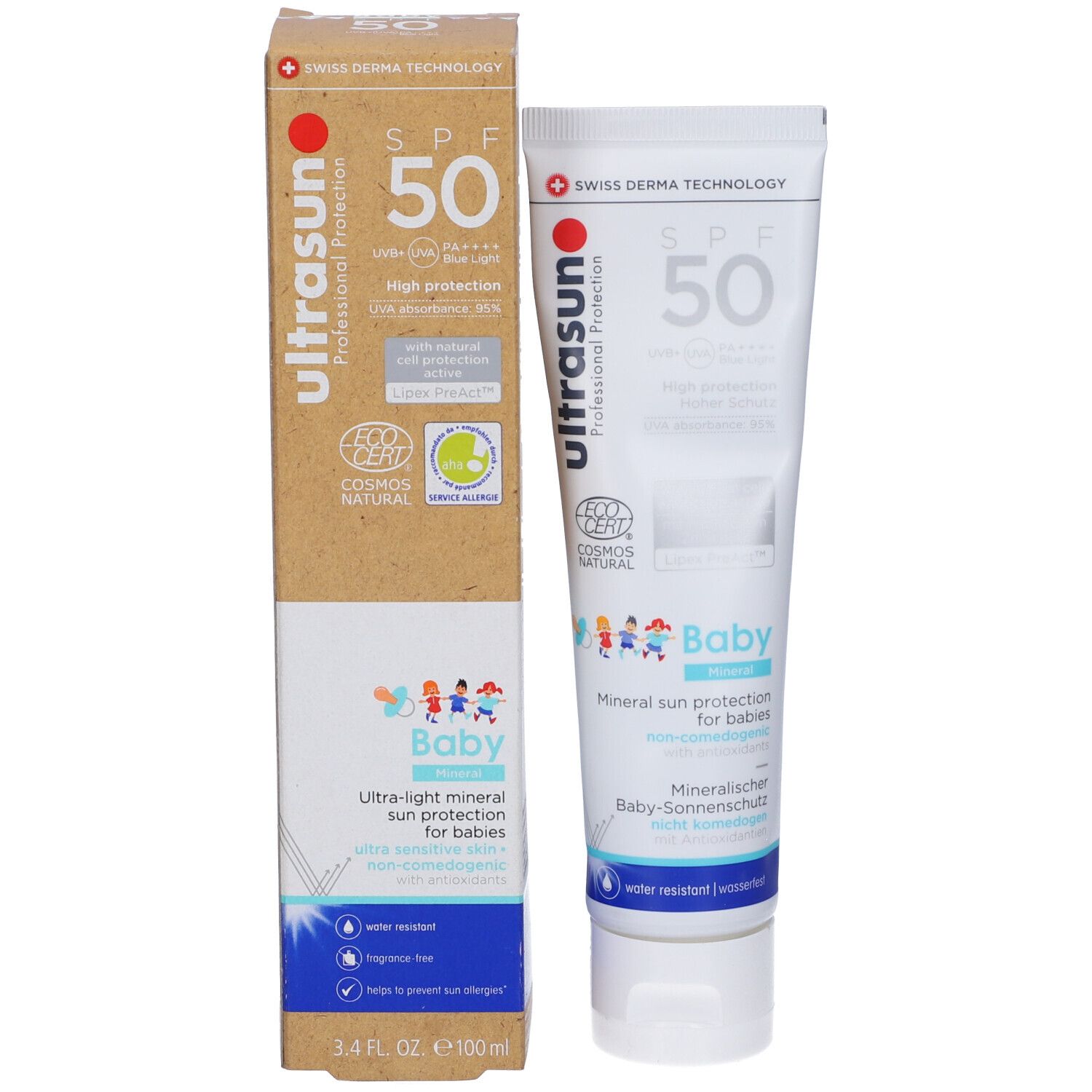 Tubo di crema solare e confezione. Scritte: Ultrasun, Baby, SPF 50. Certificazione COSMOS NATURAL.