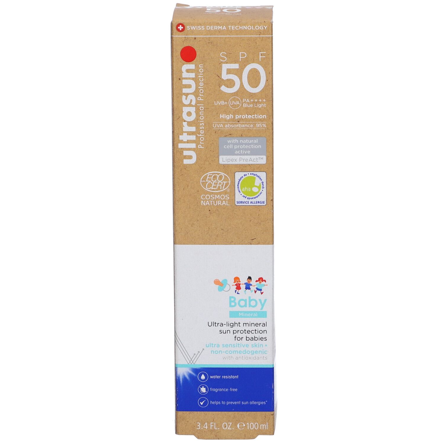 Confezione della crema solare. Scritte: Ultrasun, Baby, SPF 50. Certificazione COSMOS NATURAL.