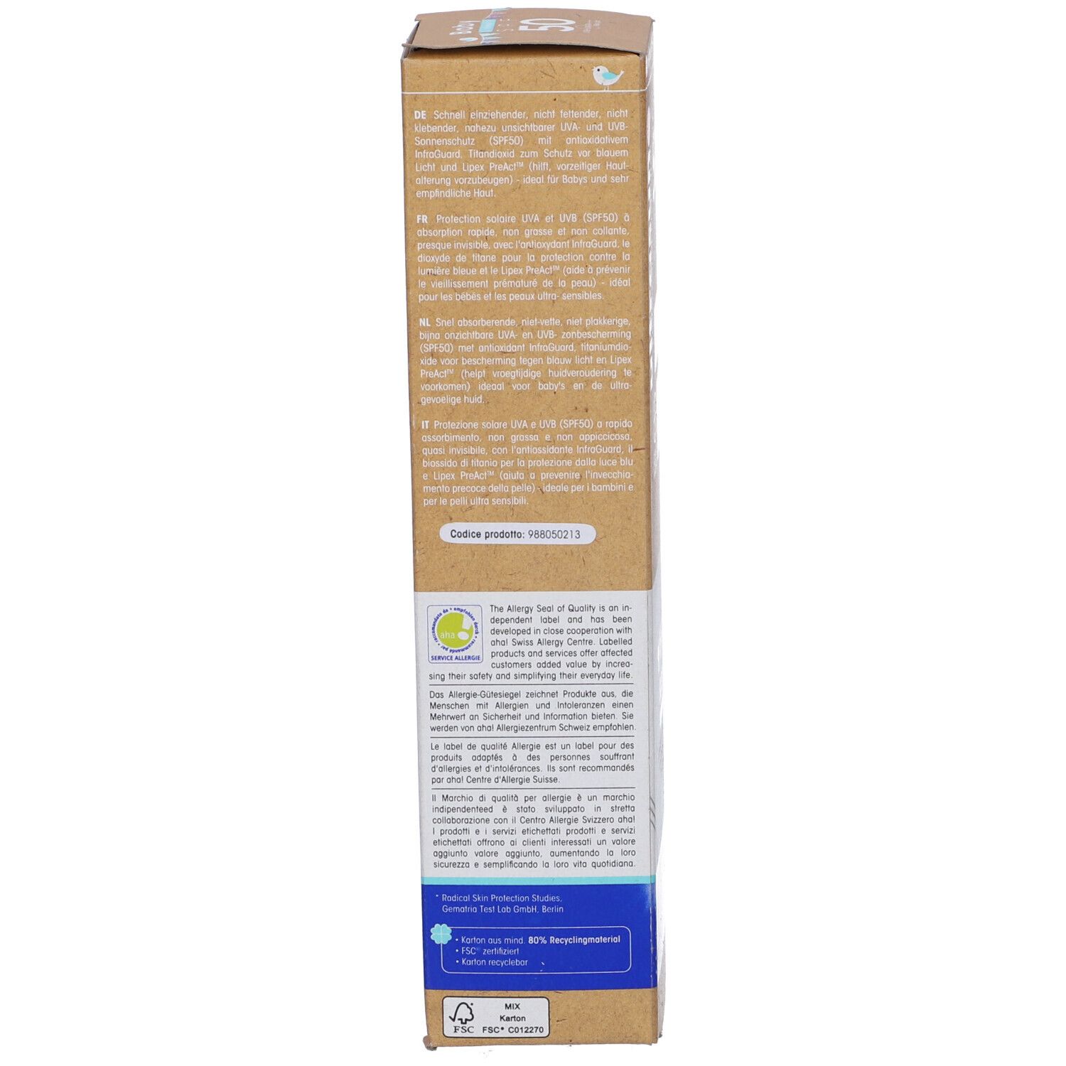 Retro della confezione della crema solare. Testo in più lingue. Con istruzioni per l'uso.