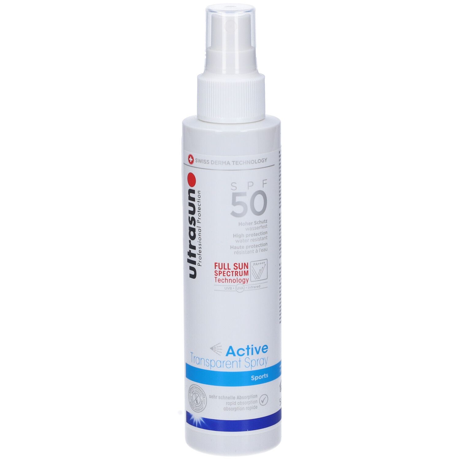 Spray bianco con logo rosso e SPF 50. Testo: Active Transparent Spray Sports. Tecnologia svizzera.