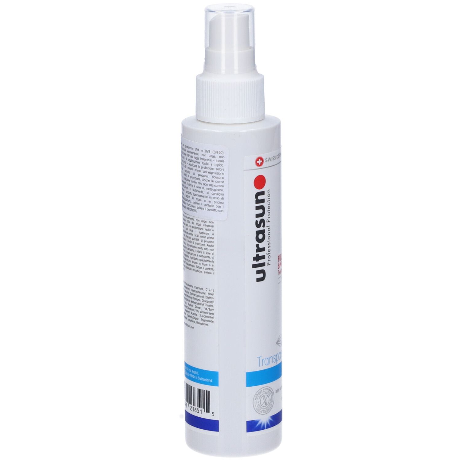 Spray bianco con testo. Retro con testo e codice a barre. Banda blu in basso.