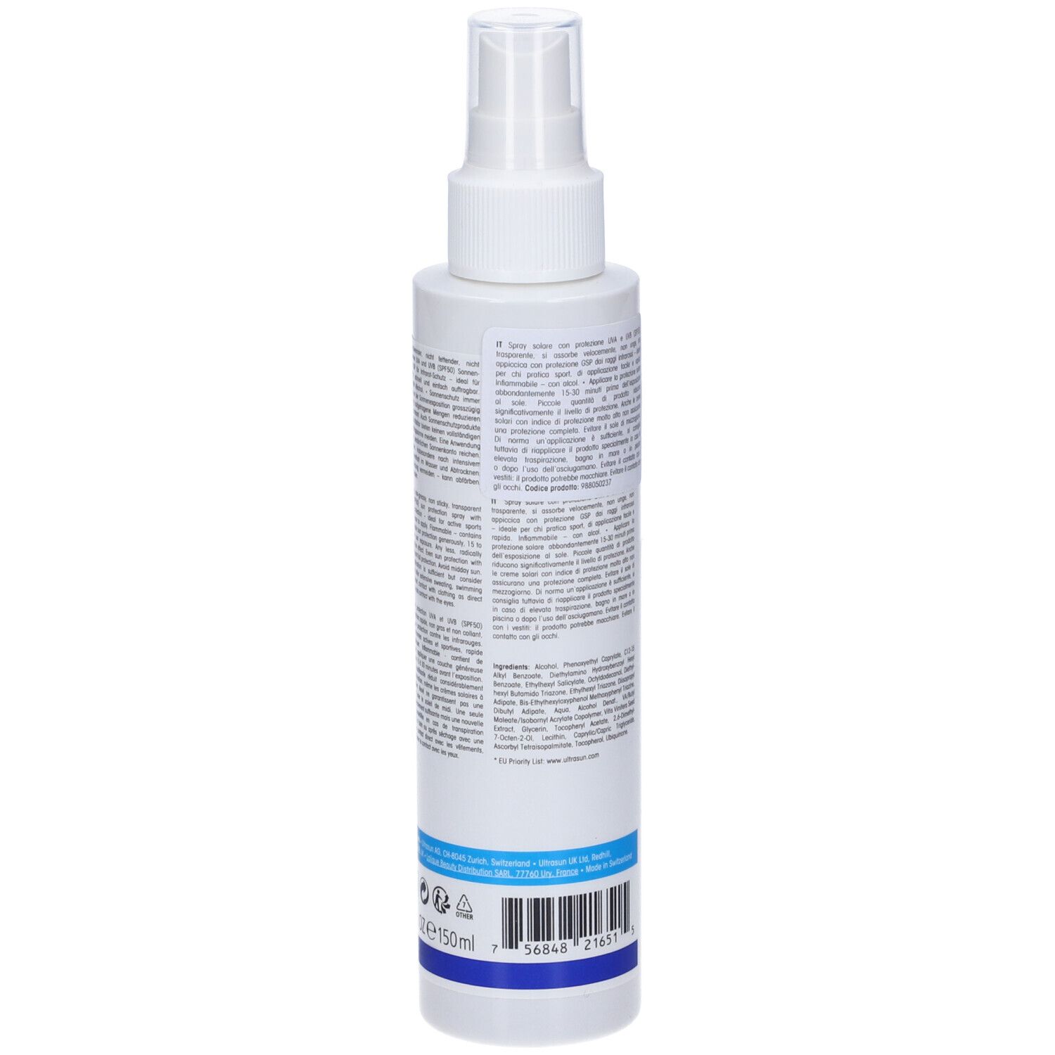 Retro dello spray bianco. Testo e codice a barre. Banda blu in basso.