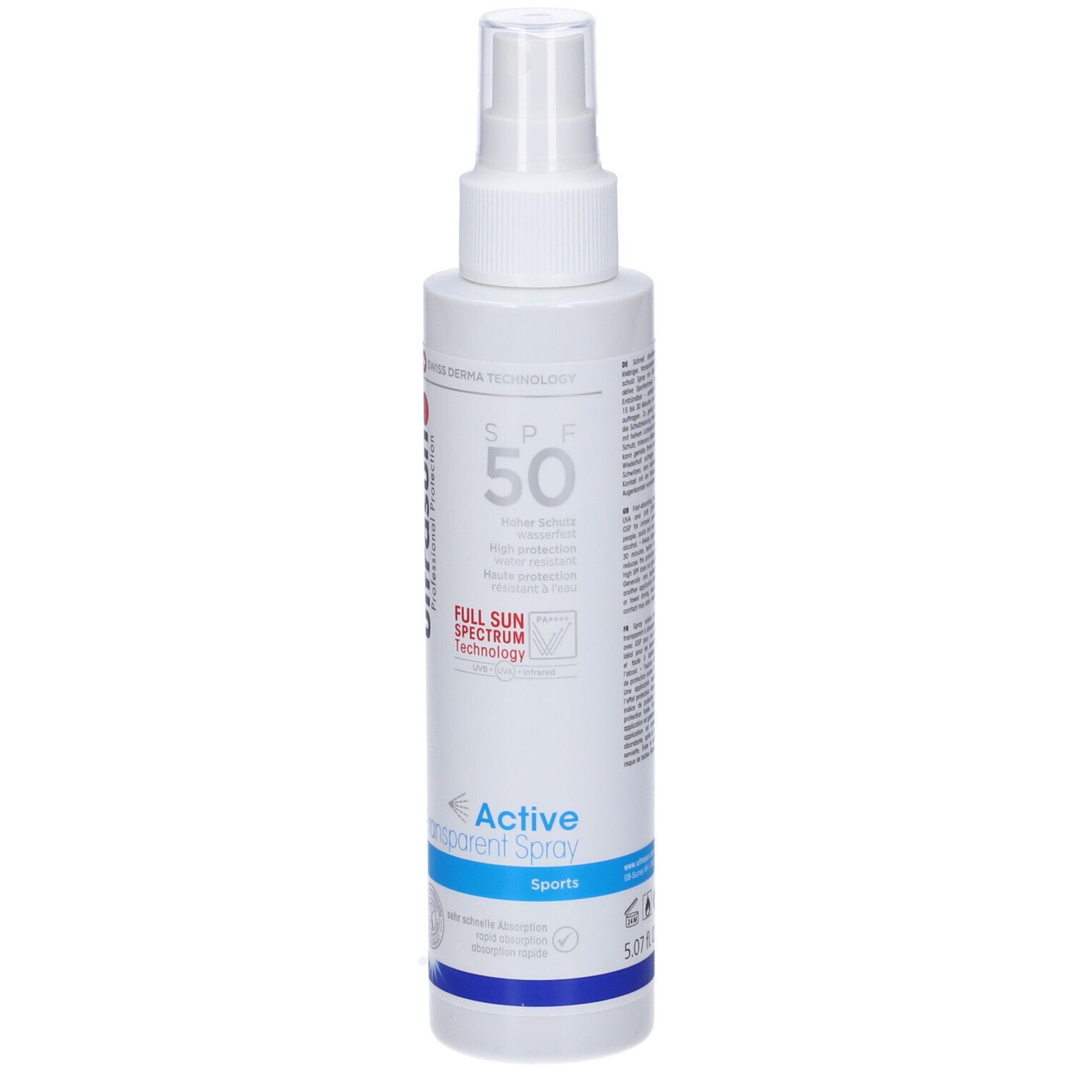 Spray bianco con logo rosso e SPF 50. Testo: Active Transparent Spray Sports. Tecnologia svizzera.