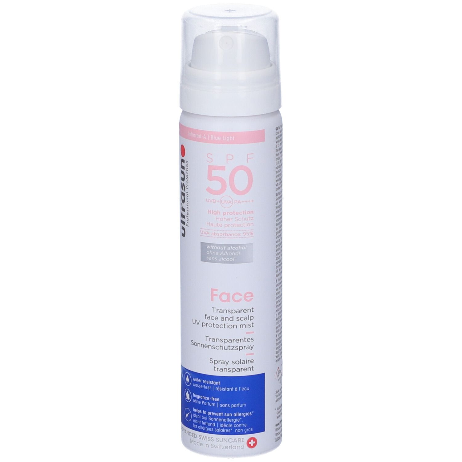 Flacone spray bianco-rosa con erogatore. Testo: SPF 50, Face, spray solare trasparente. Marchio: Ultrasun.
