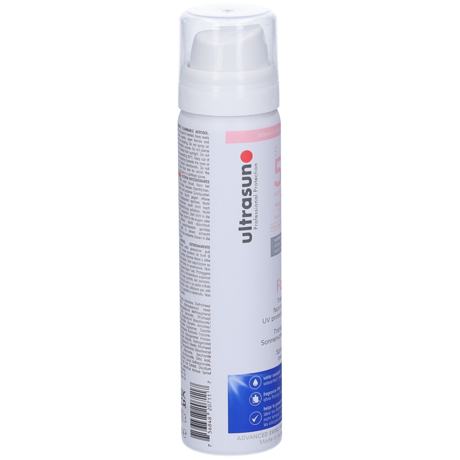 Flacone spray bianco con testo. Testo: informazioni sul prodotto, ingredienti, istruzioni per l'uso. Marchio: Ultrasun. Con loghi blu.