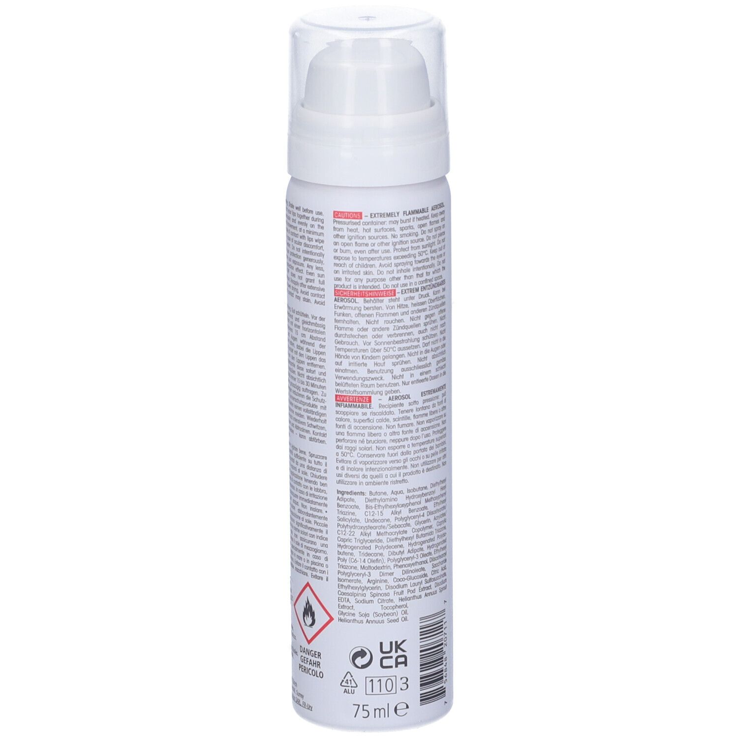 Flacone spray bianco con testo. Testo: avvertenze, ingredienti, informazioni del produttore. Con simboli di fiamma e ambientali.