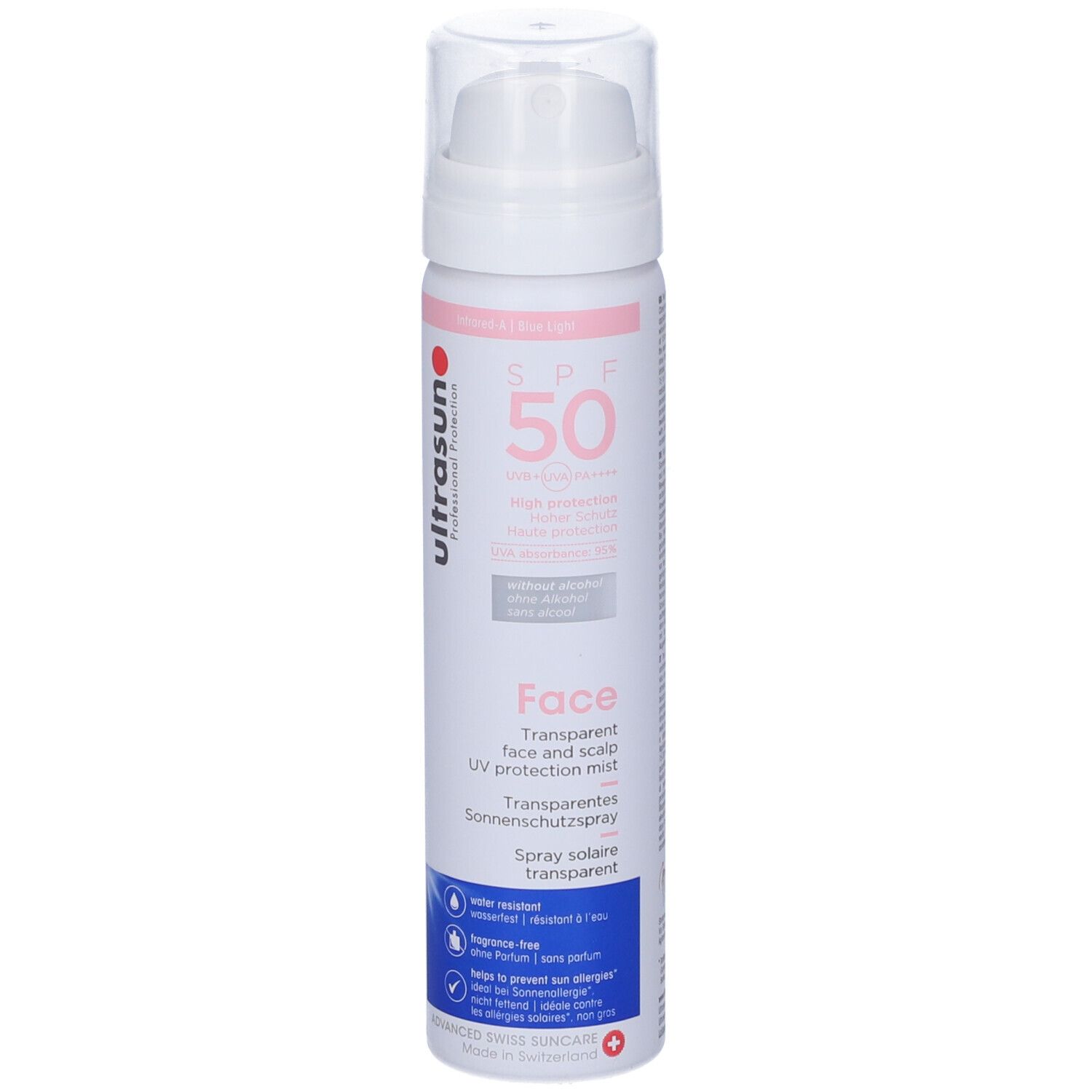 Flacone spray bianco-rosa con erogatore. Testo: SPF 50, Face, spray solare trasparente. Marchio: Ultrasun.