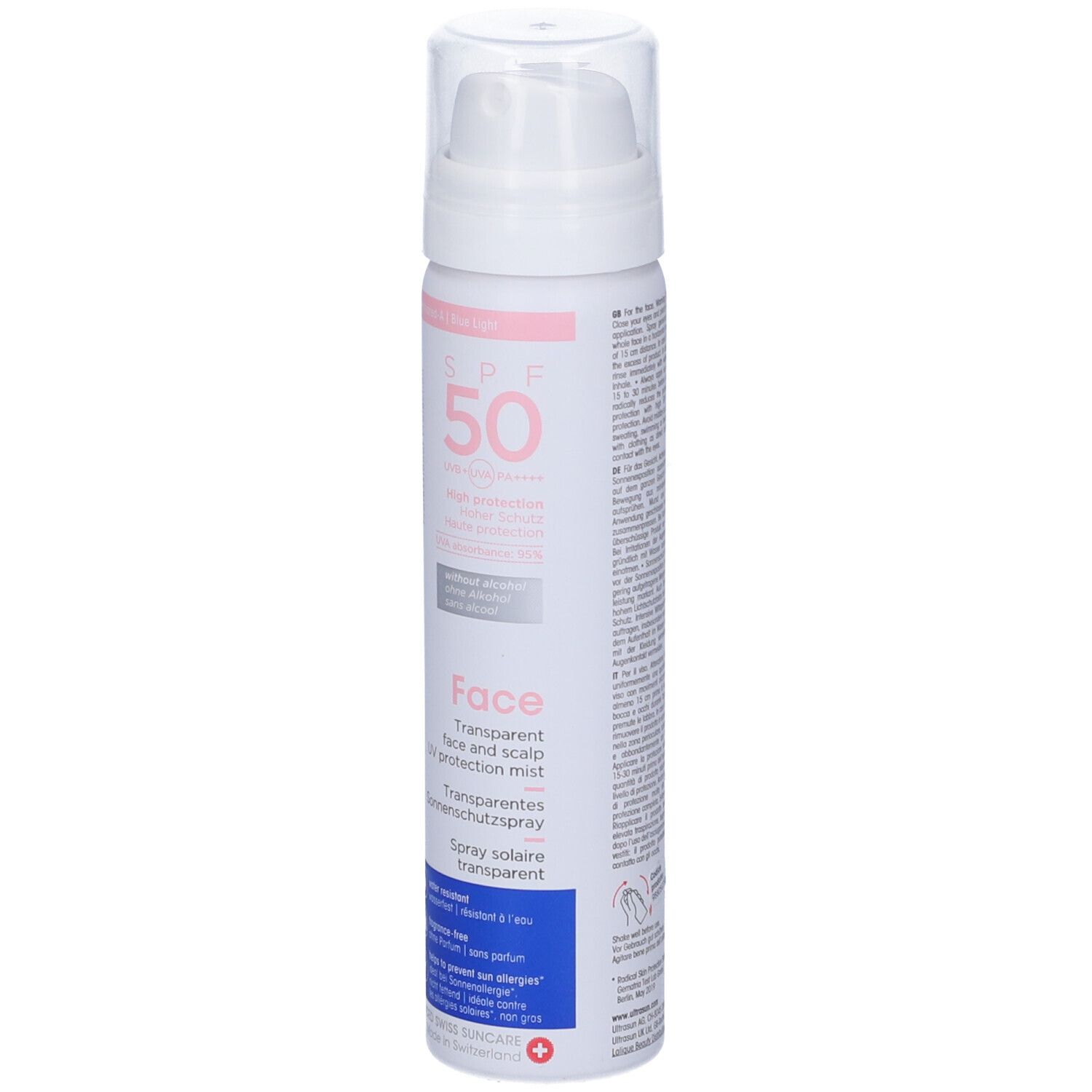 Flacone spray bianco-rosa con erogatore. Testo: SPF 50, Face, spray solare trasparente. Marchio: Ultrasun.