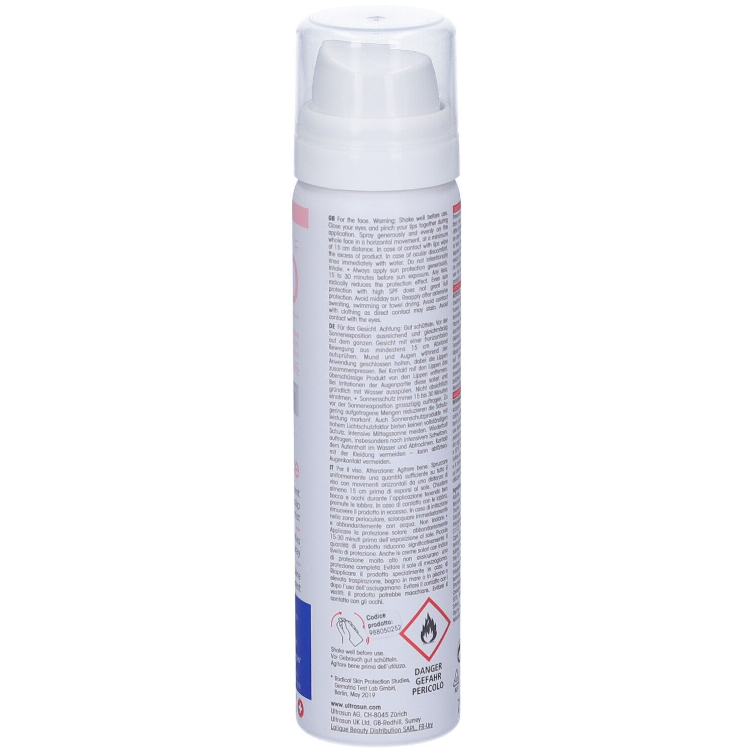 Flacone spray bianco con testo. Testo: avvertenze, ingredienti, informazioni del produttore. Con simboli di fiamma e ambientali.