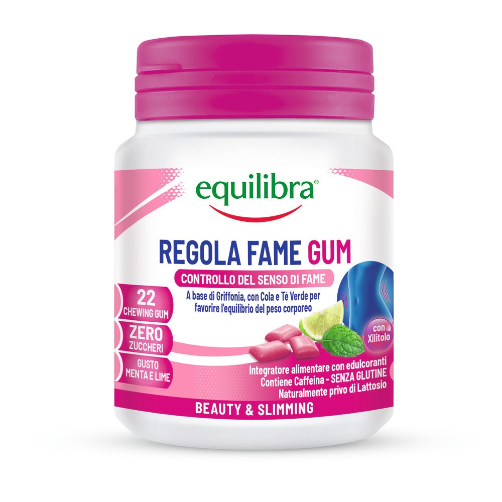 Flacone bianco, tappo rosa. Equilibra Regola Fame Gum. 22 gomme da masticare, senza zucchero, gusto menta e lime.