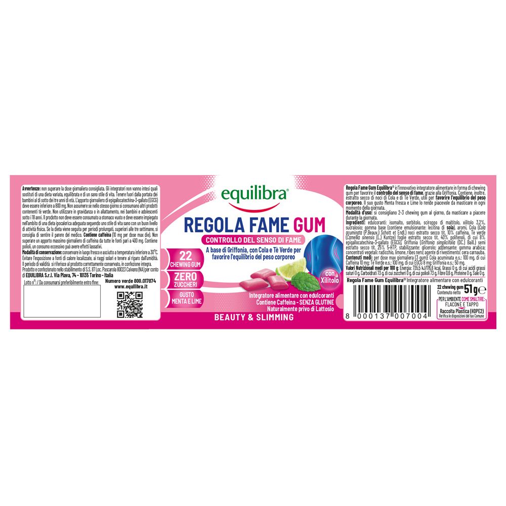 Confezione Equilibra Regola Fame Gum. Informazioni ingredienti e valori nutrizionali. 22 gomme.