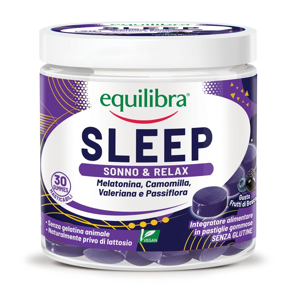 Barattolo rotondo con etichetta viola. Contiene 30 caramelle gommose. Testo: Equilibra Sleep, melatonina, camomilla, valeriana, passiflora.
