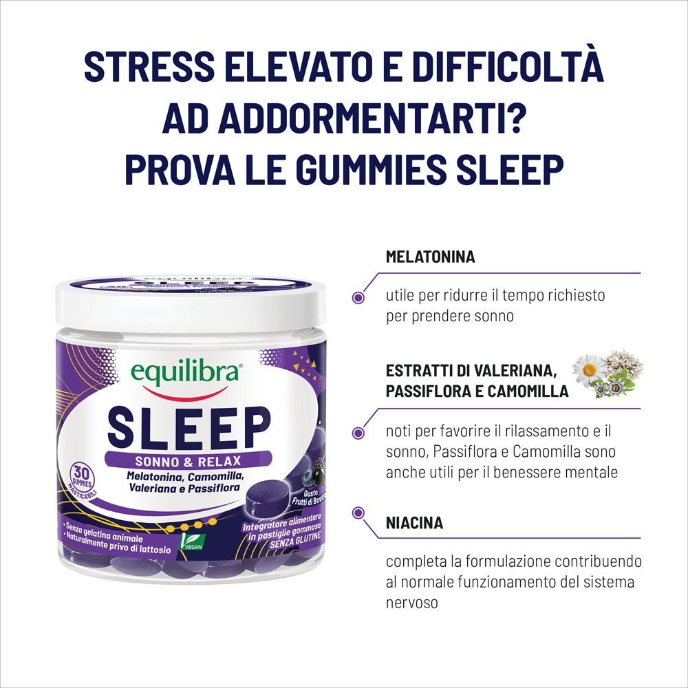 Cartello pubblicitario con prodotto e testo. Testo: Stress, difficoltà a dormire? Prova le Gummies Sleep. Contiene melatonina, valeriana, camomilla.