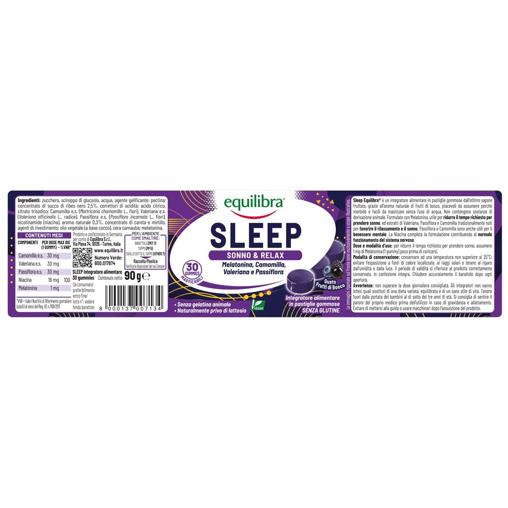 Confezione del prodotto. Testo: Equilibra Sleep, 30 caramelle gommose. Ingredienti, informazioni nutrizionali, informazioni produttore. Vegano, senza glutine.